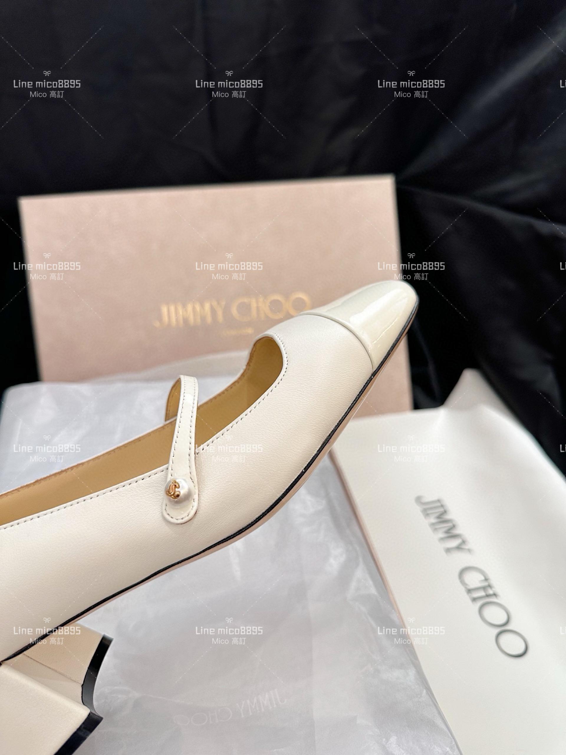 JIMMY CHOO 白色皮革拼漆皮 瑪莉珍跟鞋 娃娃鞋 4..5cm 35-40