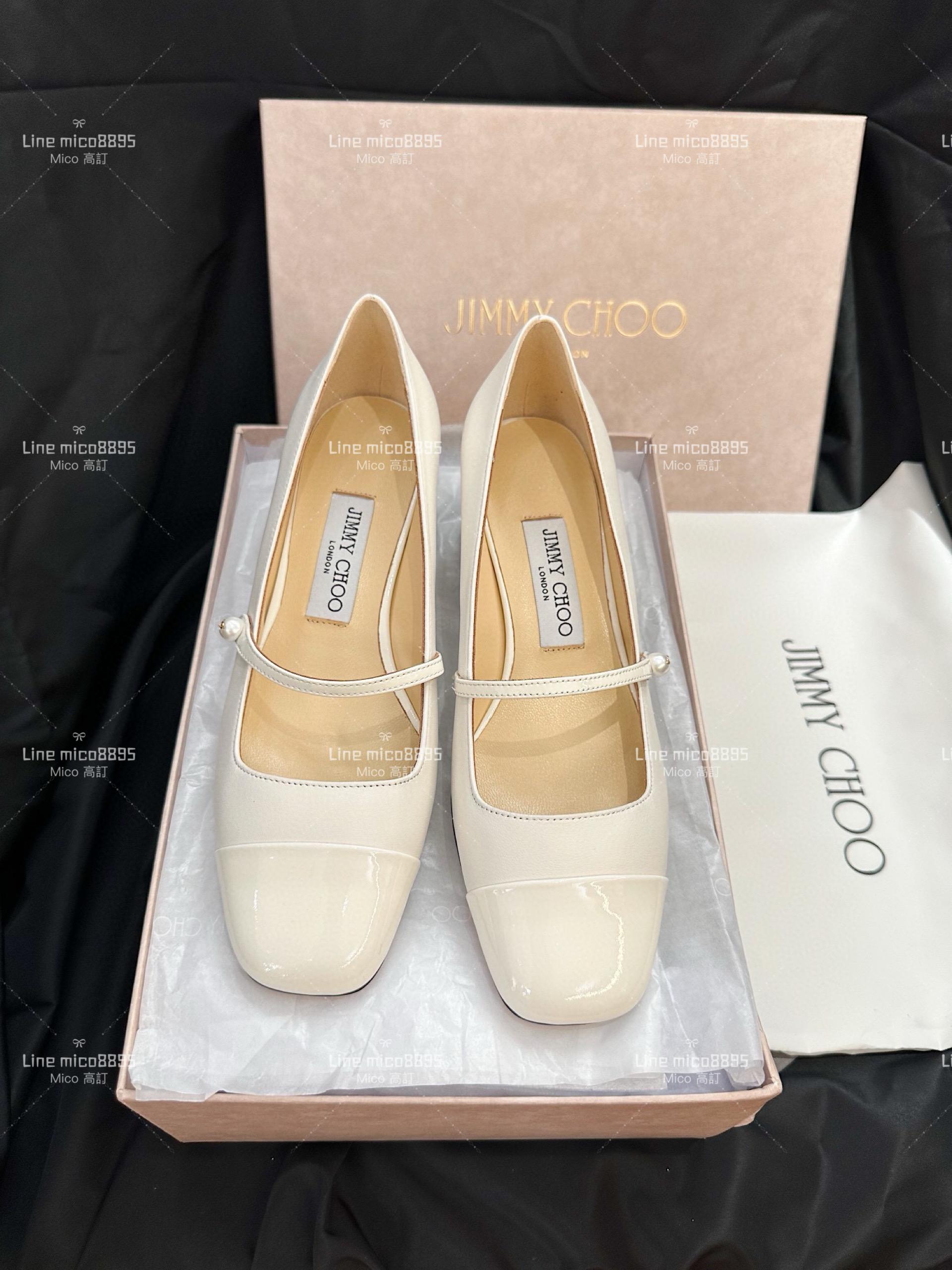 JIMMY CHOO 白色皮革拼漆皮 瑪莉珍跟鞋 娃娃鞋 4..5cm 35-40