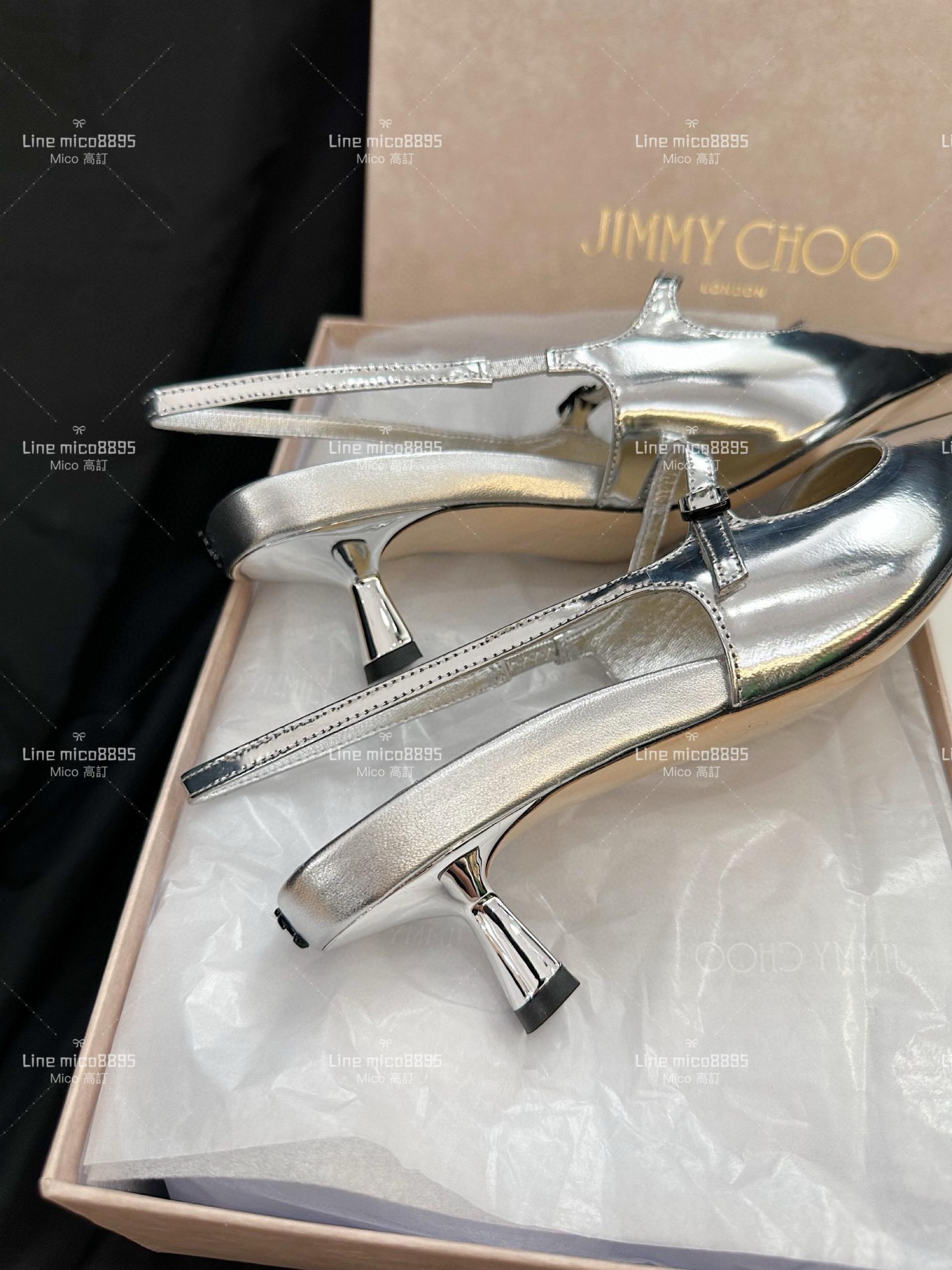 JIMMY CHOO 銀色 尖頭繫帶漆皮低跟涼鞋 35-40 4.5cm