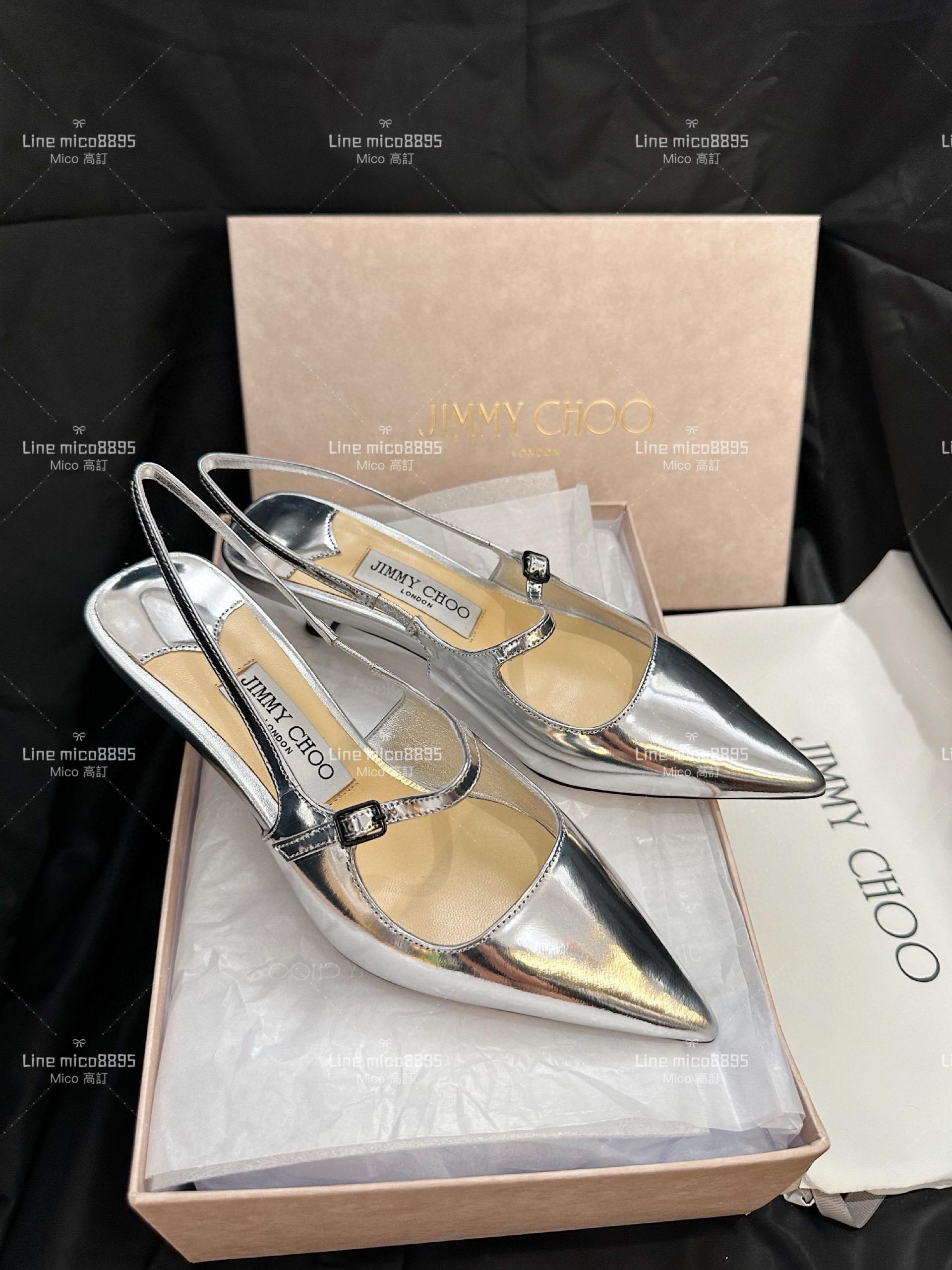 JIMMY CHOO 銀色 尖頭繫帶漆皮低跟涼鞋 35-40 4.5cm