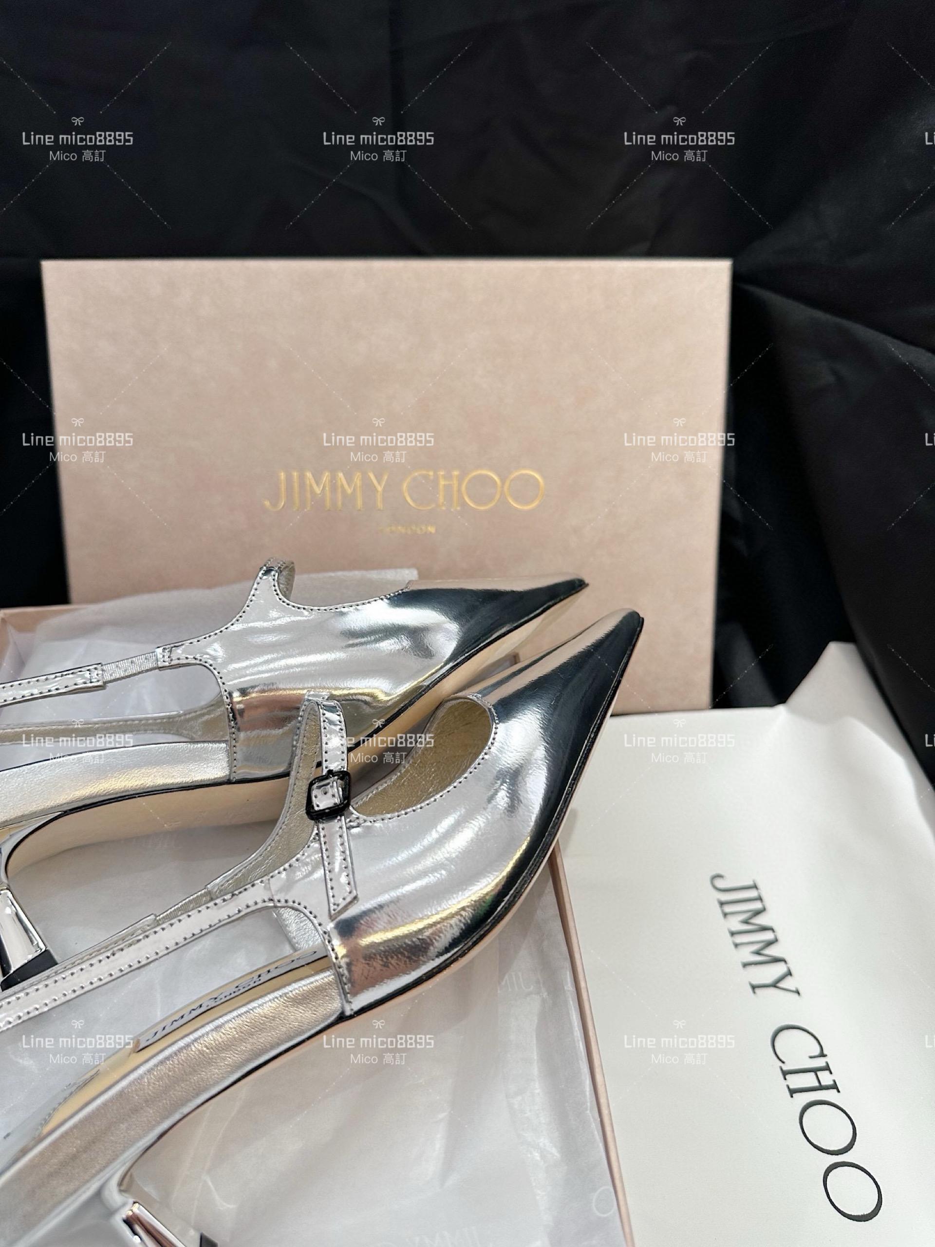 JIMMY CHOO 銀色 尖頭繫帶漆皮低跟涼鞋 35-40 4.5cm