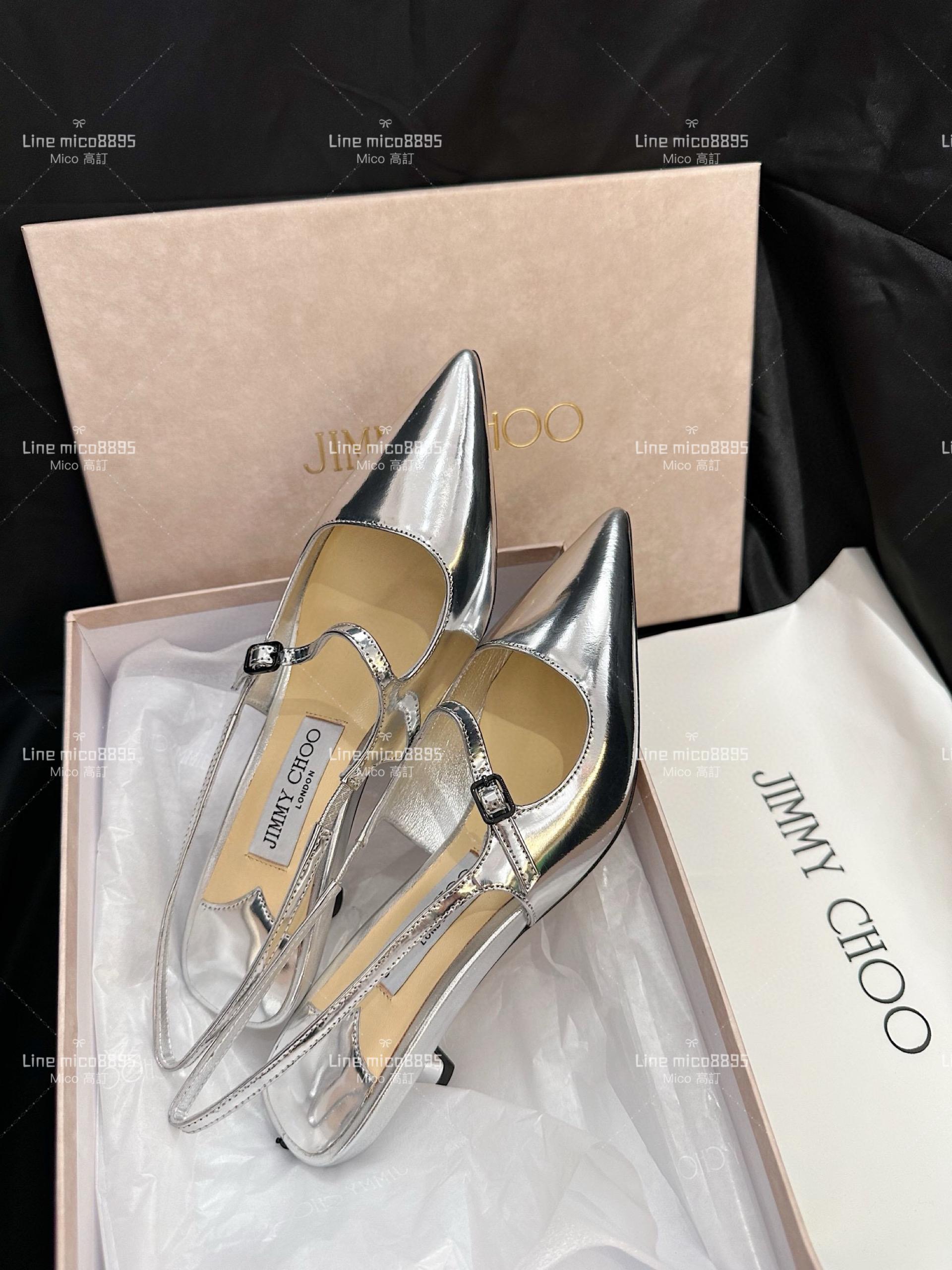 JIMMY CHOO 銀色 尖頭繫帶漆皮低跟涼鞋 35-40 4.5cm