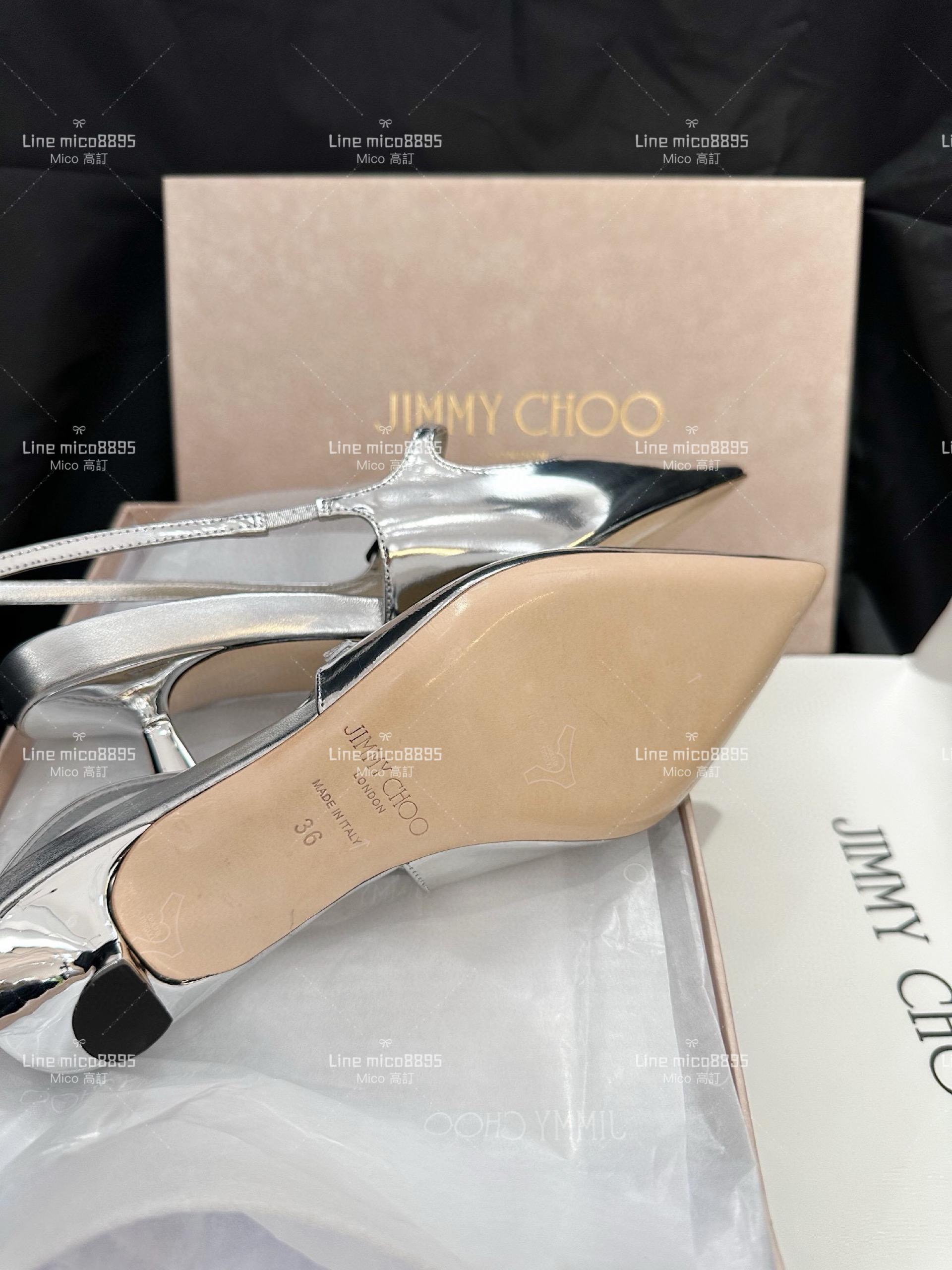 JIMMY CHOO 銀色 尖頭繫帶漆皮低跟涼鞋 35-40 4.5cm