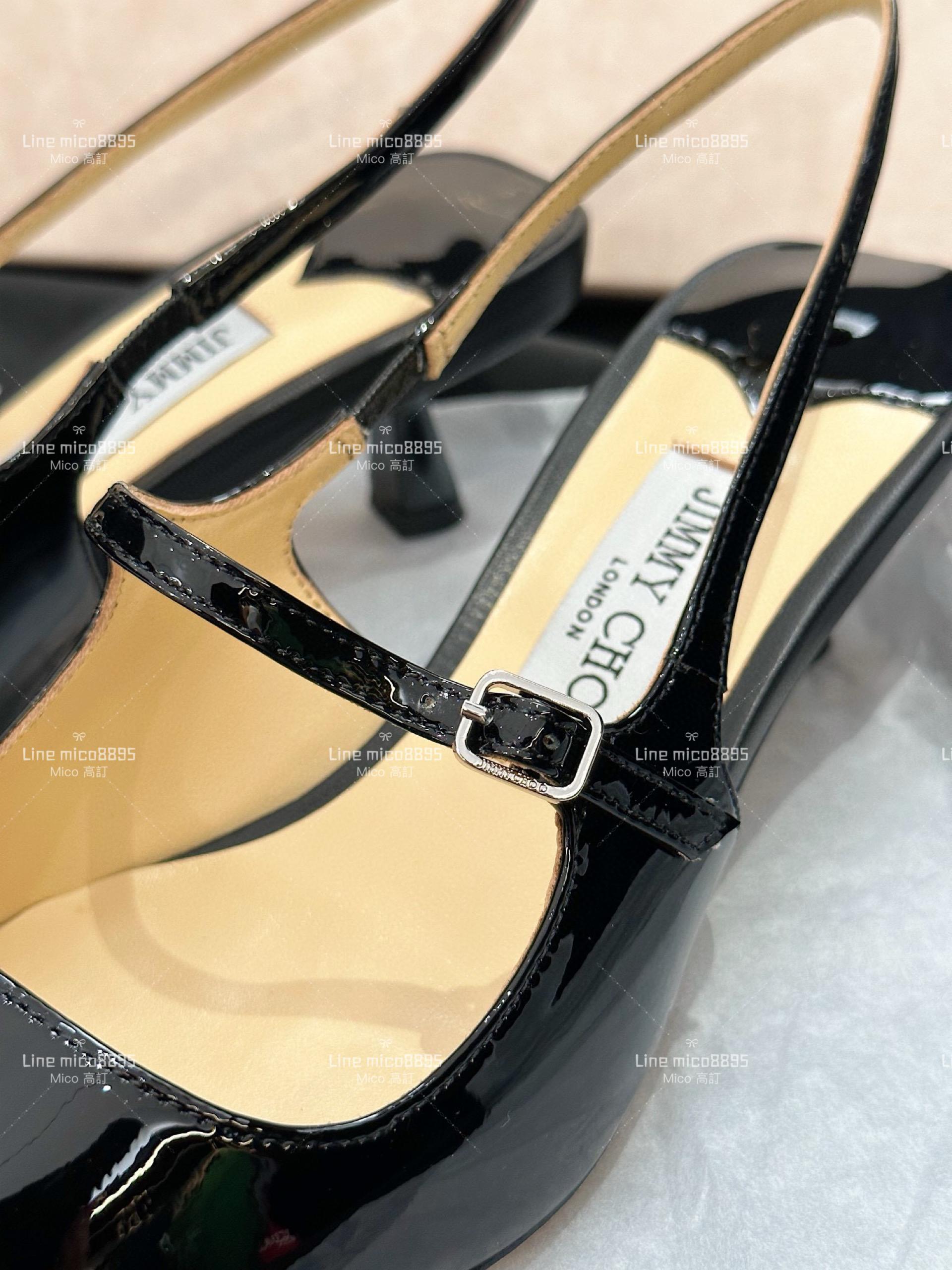 JIMMY CHOO 黑色 尖頭繫帶漆皮低跟涼鞋 35-40 4.5cm