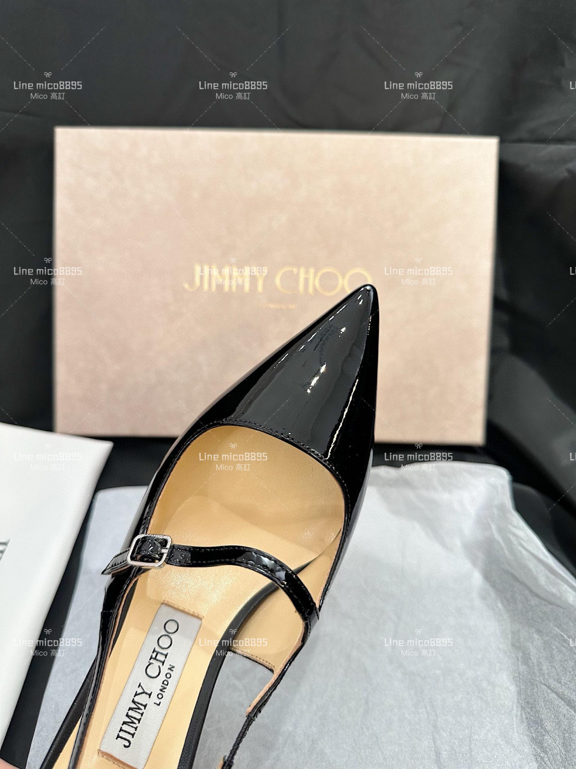 JIMMY CHOO 黑色 尖頭繫帶漆皮低跟涼鞋 35-40 4.5cm