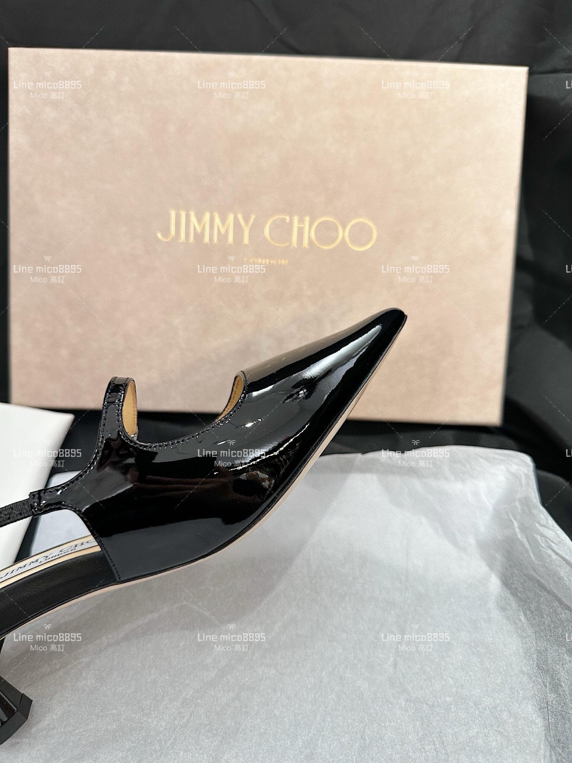 JIMMY CHOO 黑色 尖頭繫帶漆皮低跟涼鞋 35-40 4.5cm