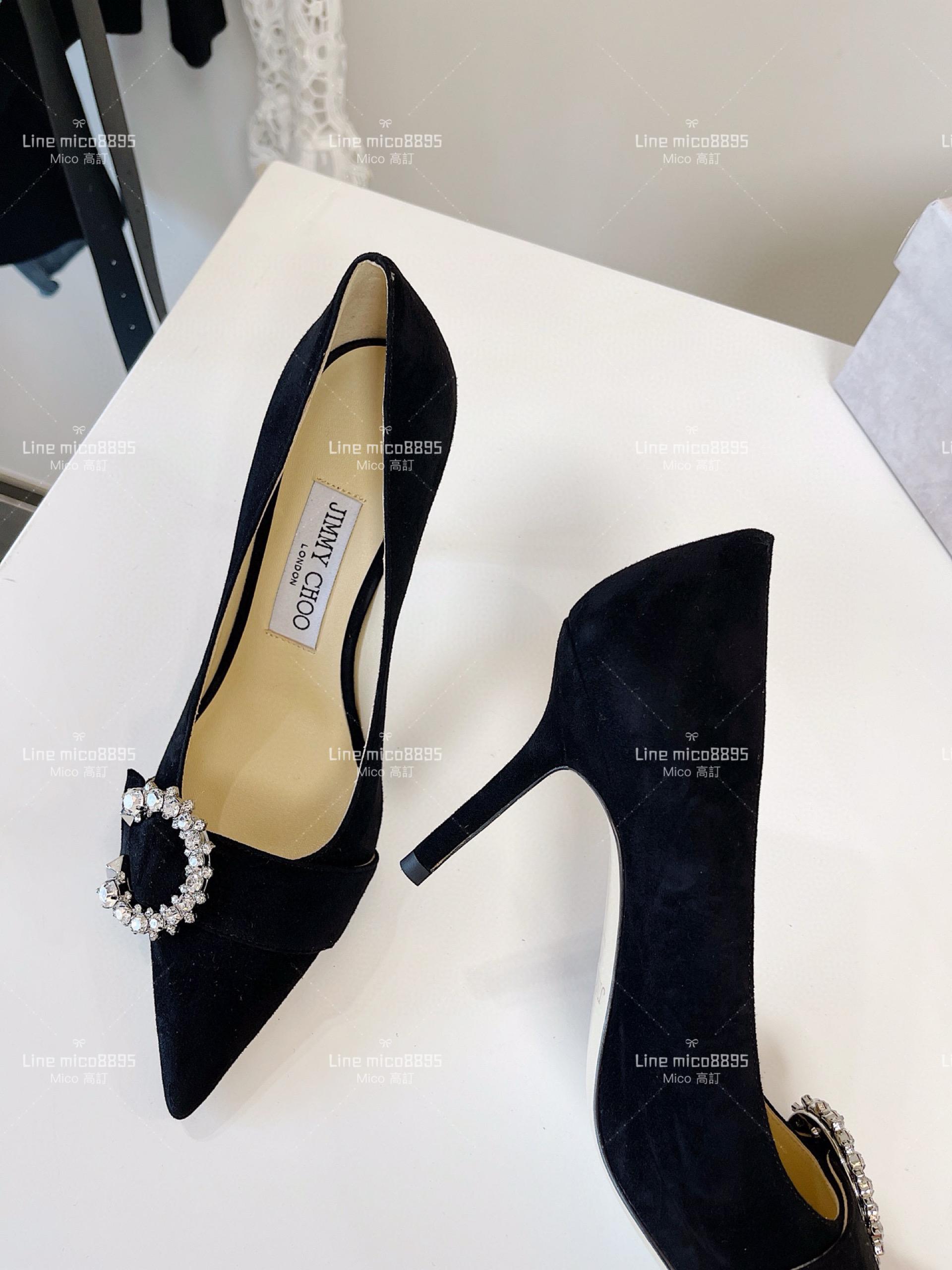 JIMMY CHOO 小尖頭 黑色絨面 C釦水鑽高跟鞋 8.5cm 35-40