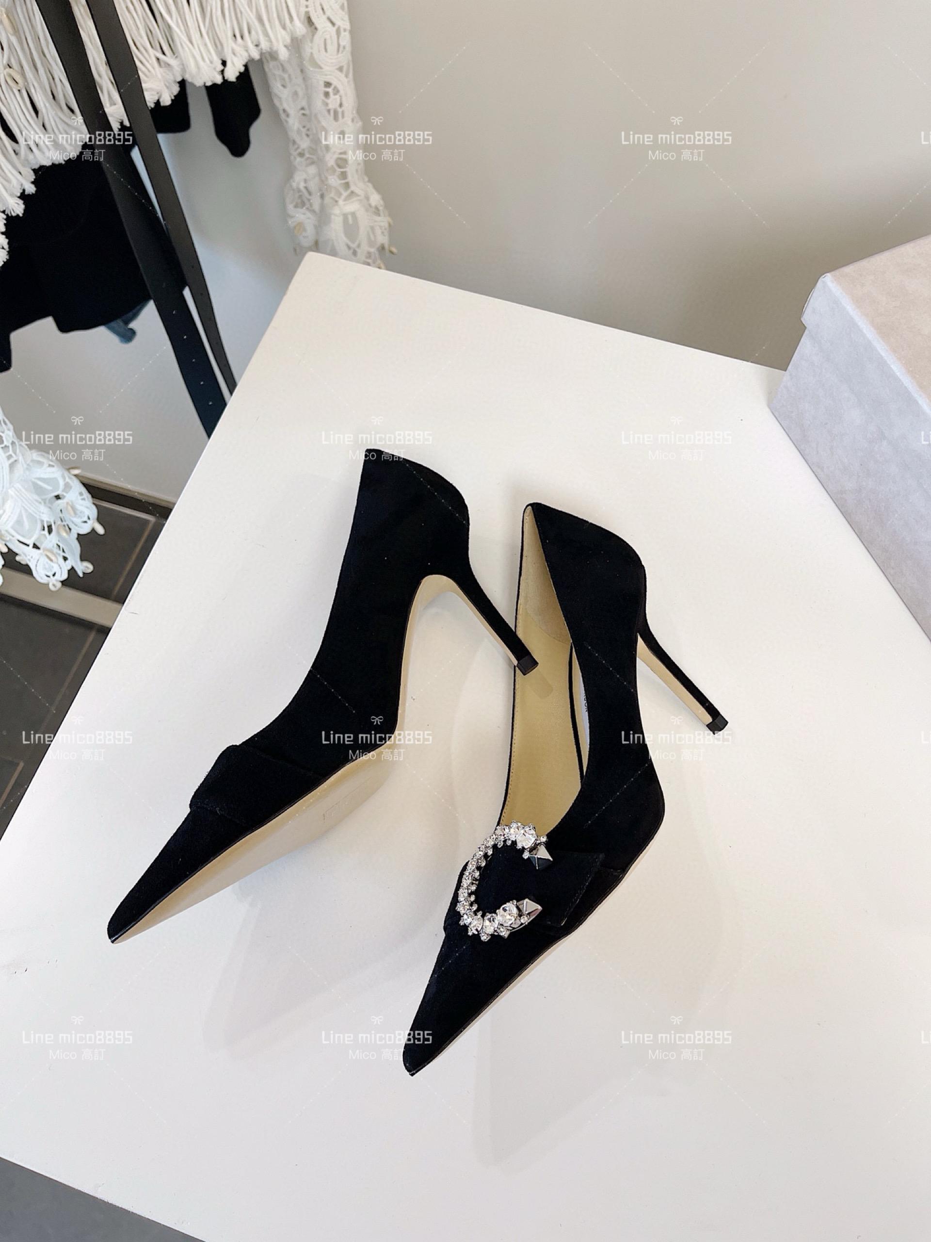 JIMMY CHOO 小尖頭 黑色絨面 C釦水鑽高跟鞋 8.5cm 35-40