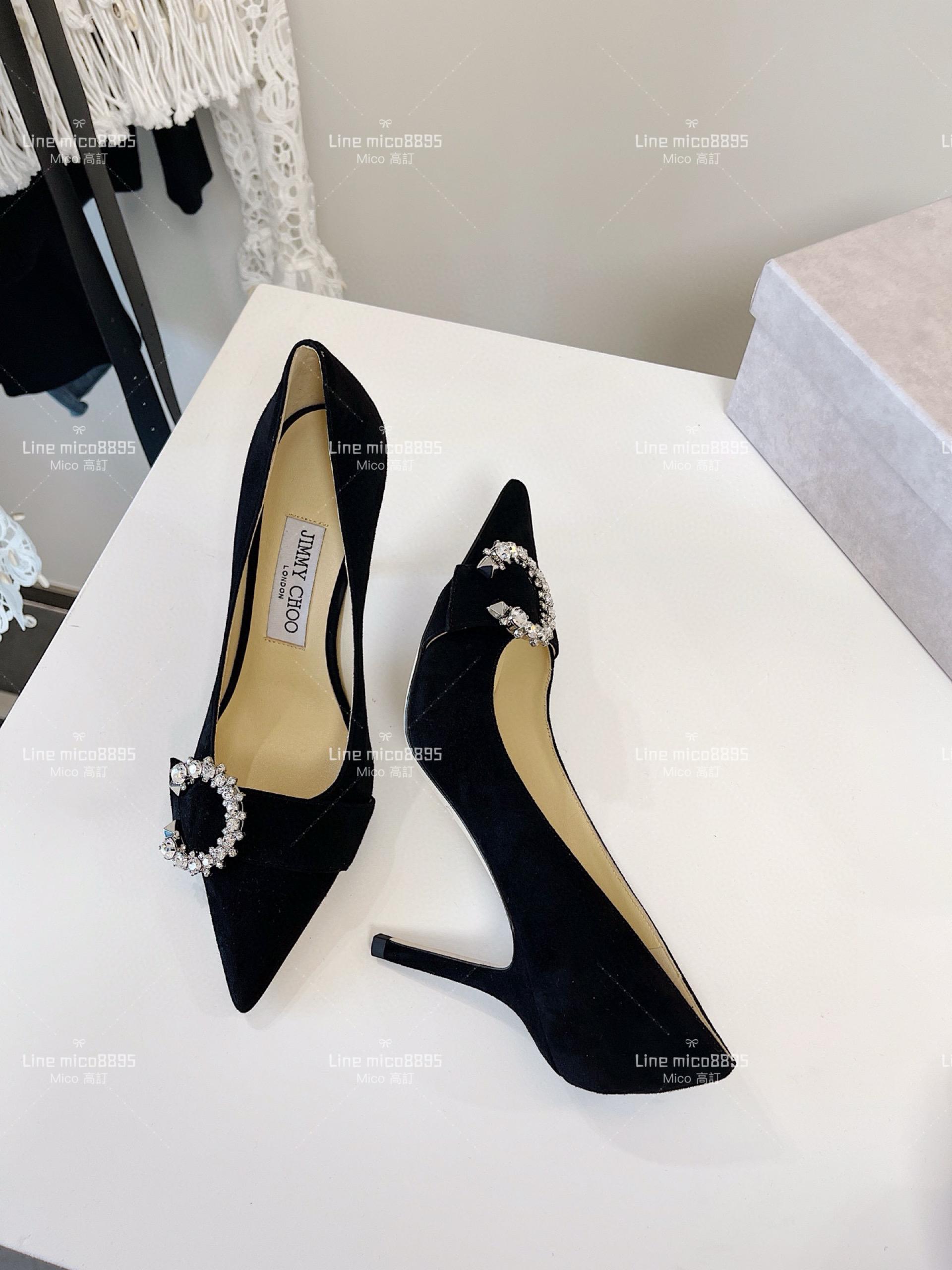 JIMMY CHOO 小尖頭 黑色絨面 C釦水鑽高跟鞋 8.5cm 35-40