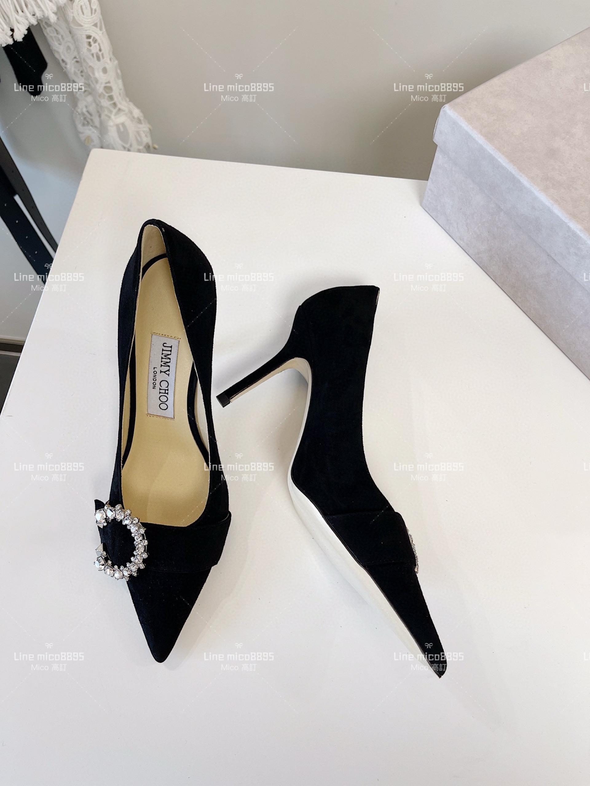 JIMMY CHOO 小尖頭 黑色絨面 C釦水鑽高跟鞋 8.5cm 35-40