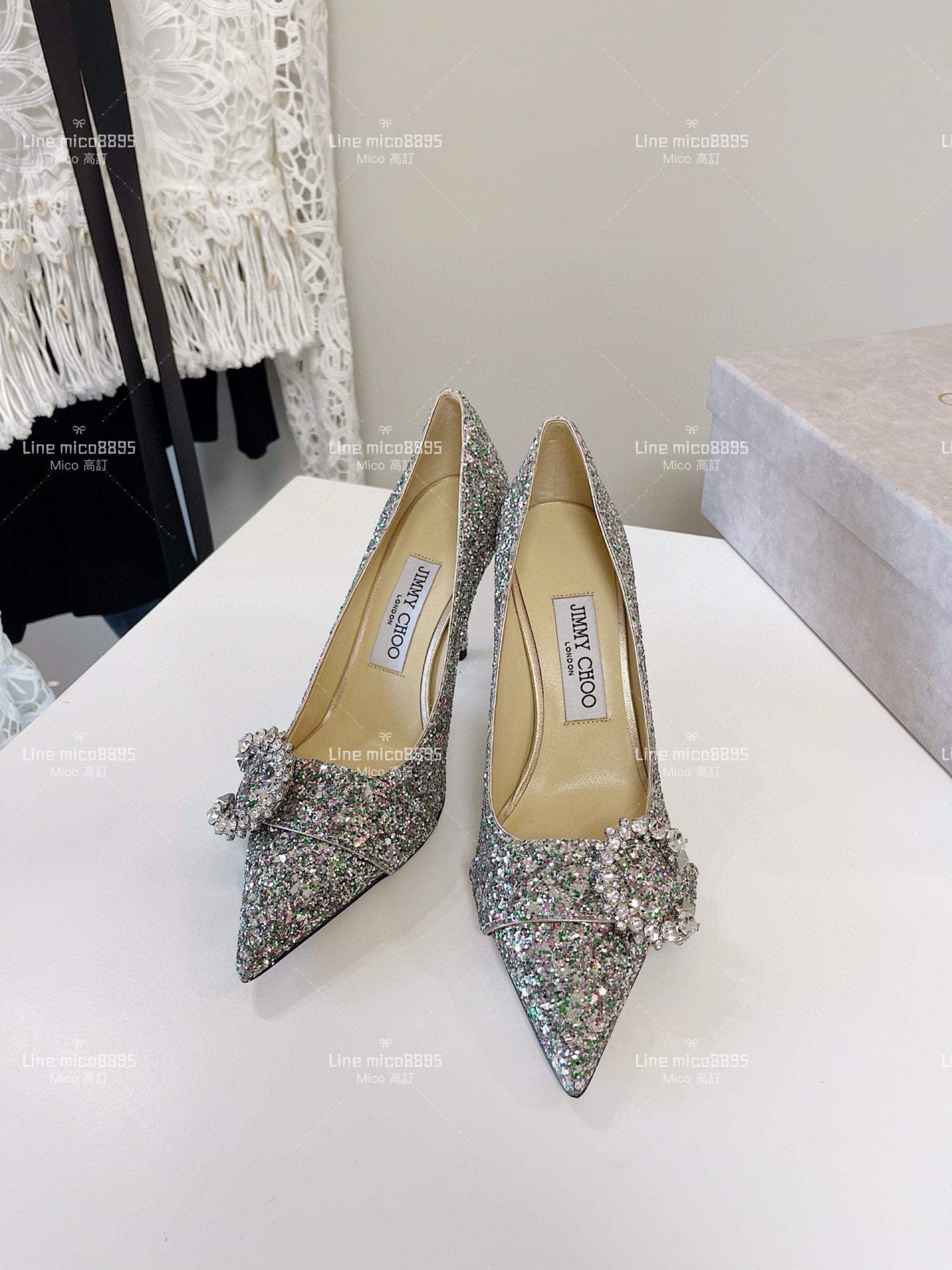 JIMMY CHOO 小尖頭 銀色亮片C釦水鑽高跟鞋 8.5cm 35-40