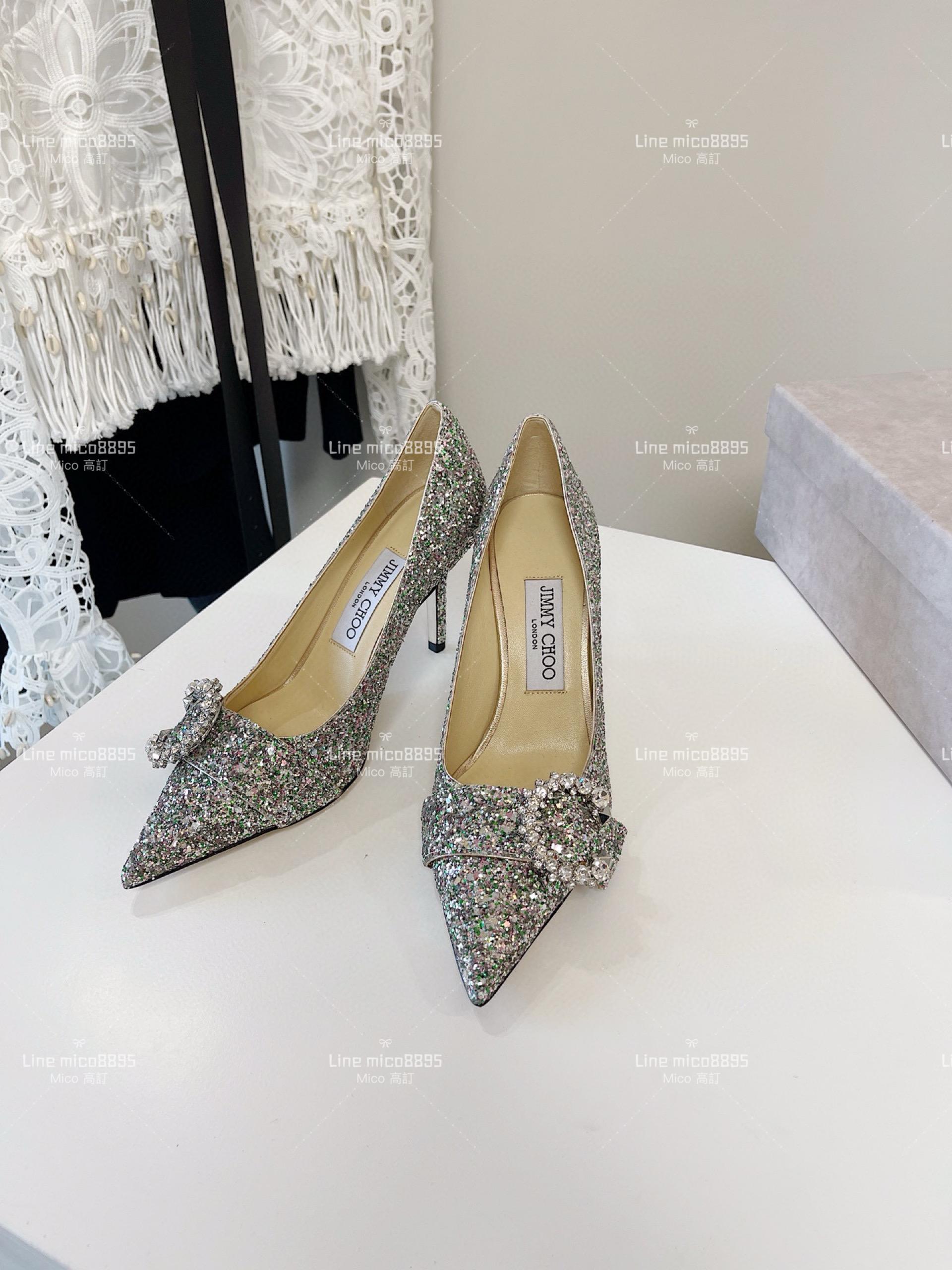 JIMMY CHOO 小尖頭 銀色亮片C釦水鑽高跟鞋 8.5cm 35-40