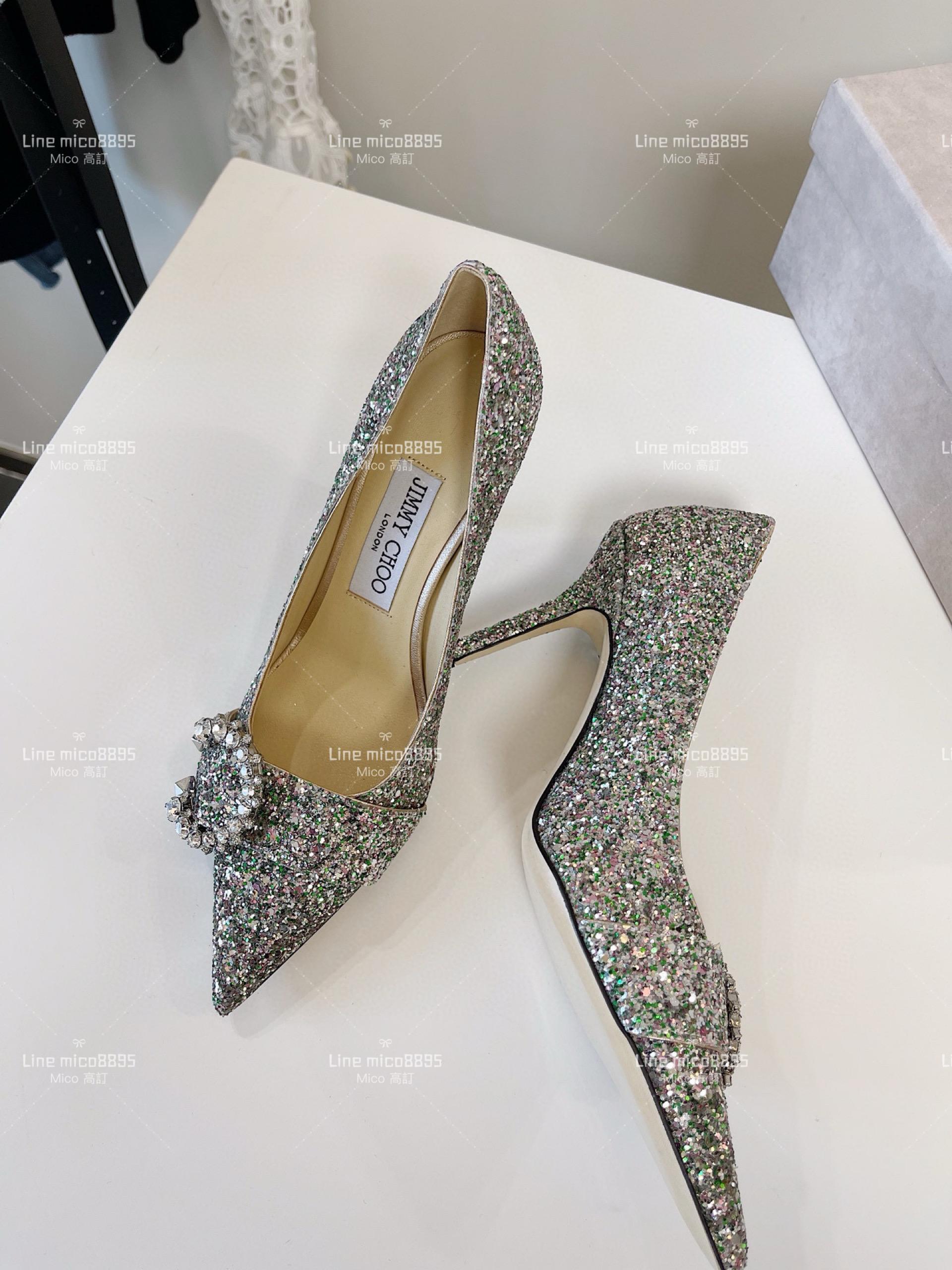 JIMMY CHOO 小尖頭 銀色亮片C釦水鑽高跟鞋 8.5cm 35-40