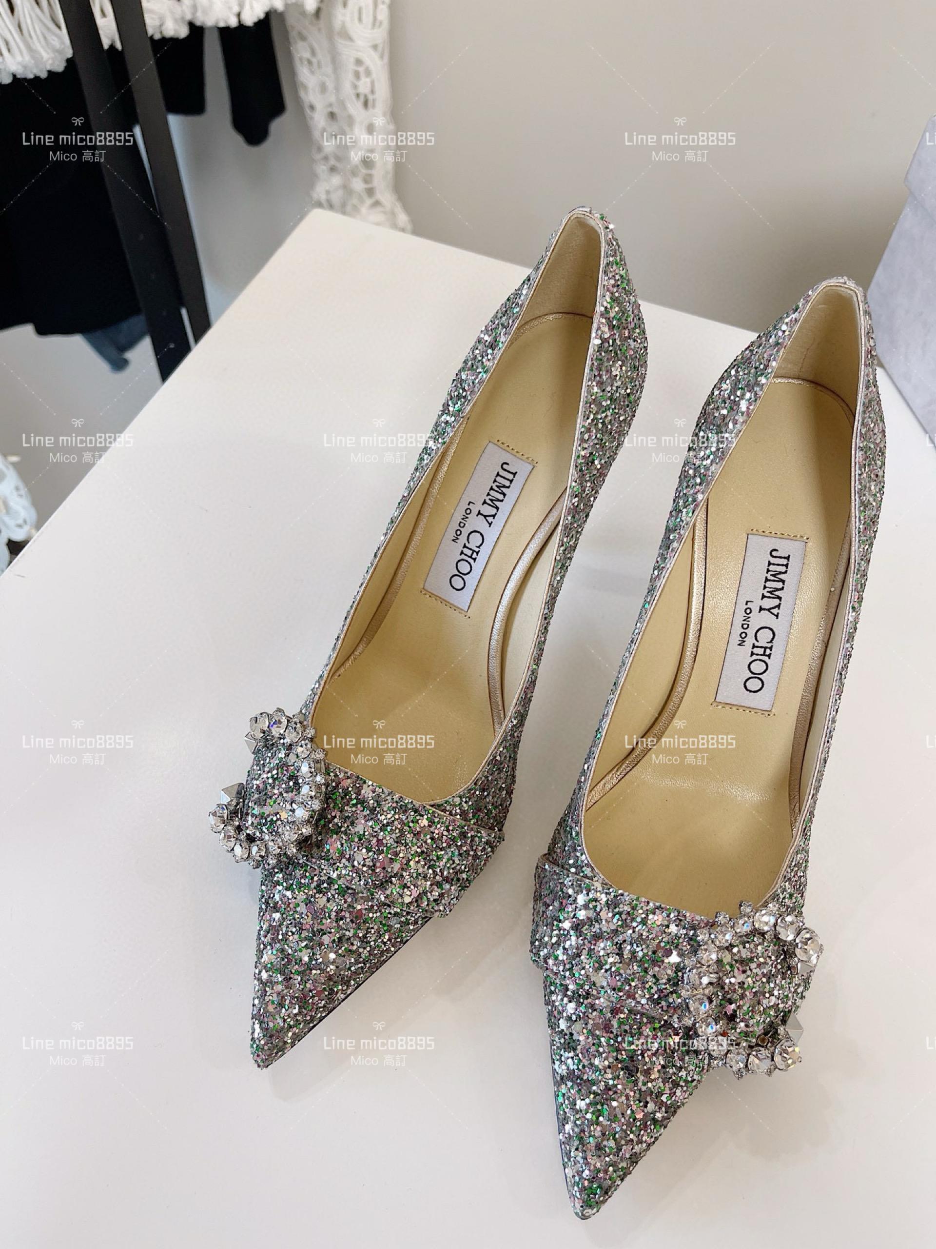 JIMMY CHOO 小尖頭 銀色亮片C釦水鑽高跟鞋 8.5cm 35-40