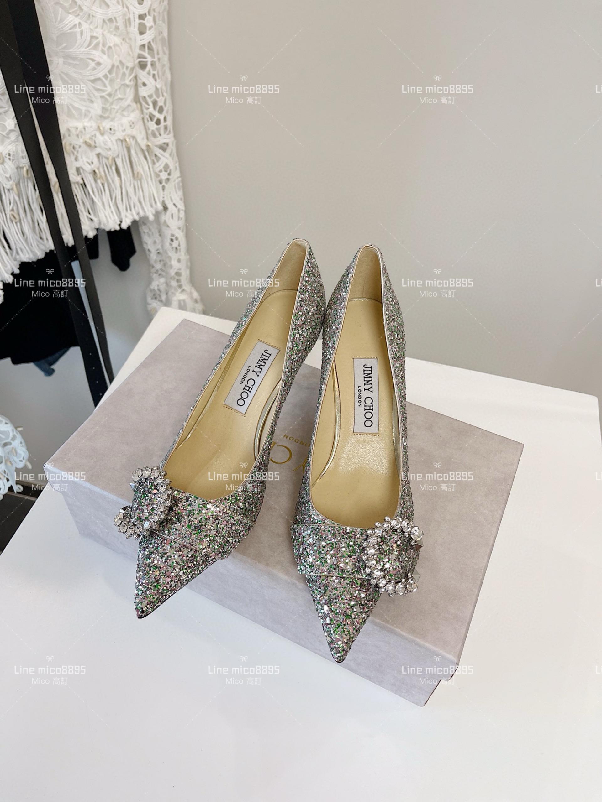 JIMMY CHOO 小尖頭 銀色亮片C釦水鑽高跟鞋 6.5cm 35-40