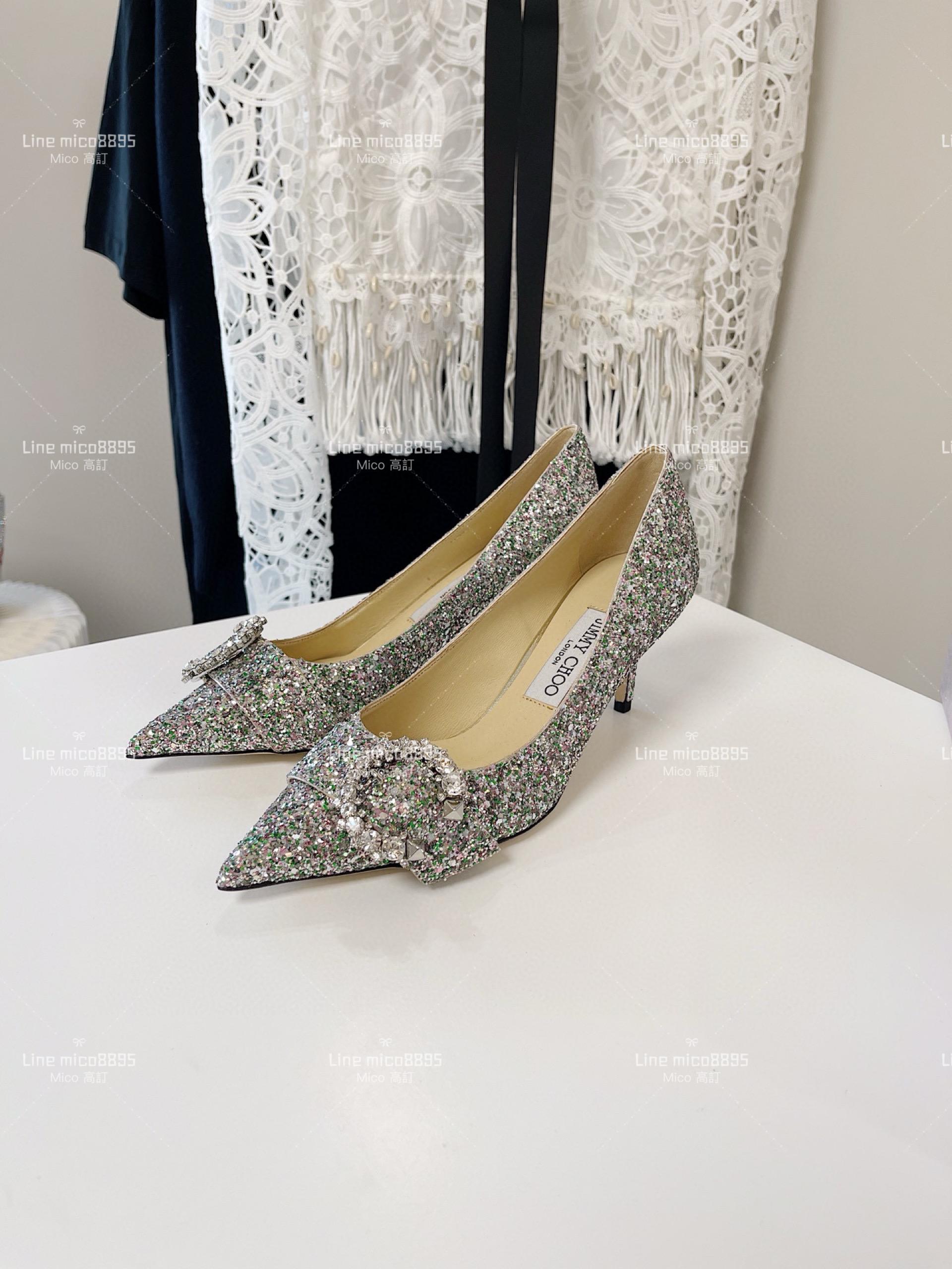 JIMMY CHOO 小尖頭 銀色亮片C釦水鑽高跟鞋 6.5cm 35-40