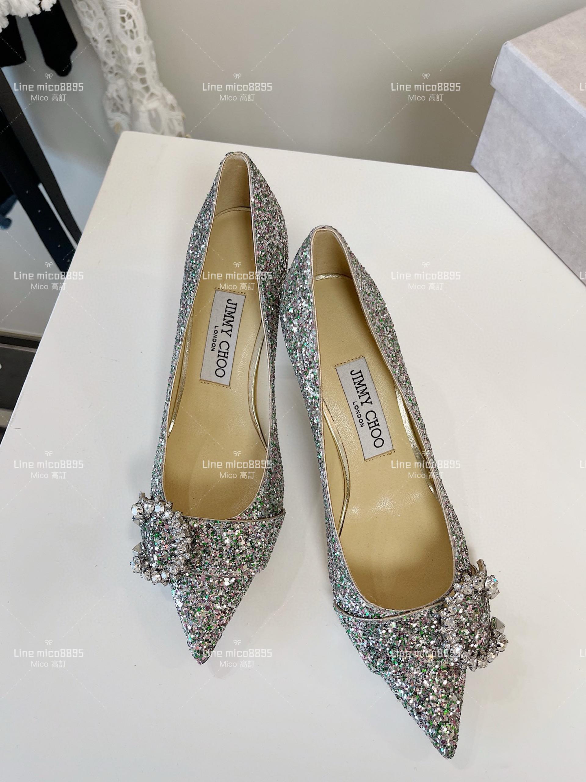 JIMMY CHOO 小尖頭 銀色亮片C釦水鑽高跟鞋 6.5cm 35-40