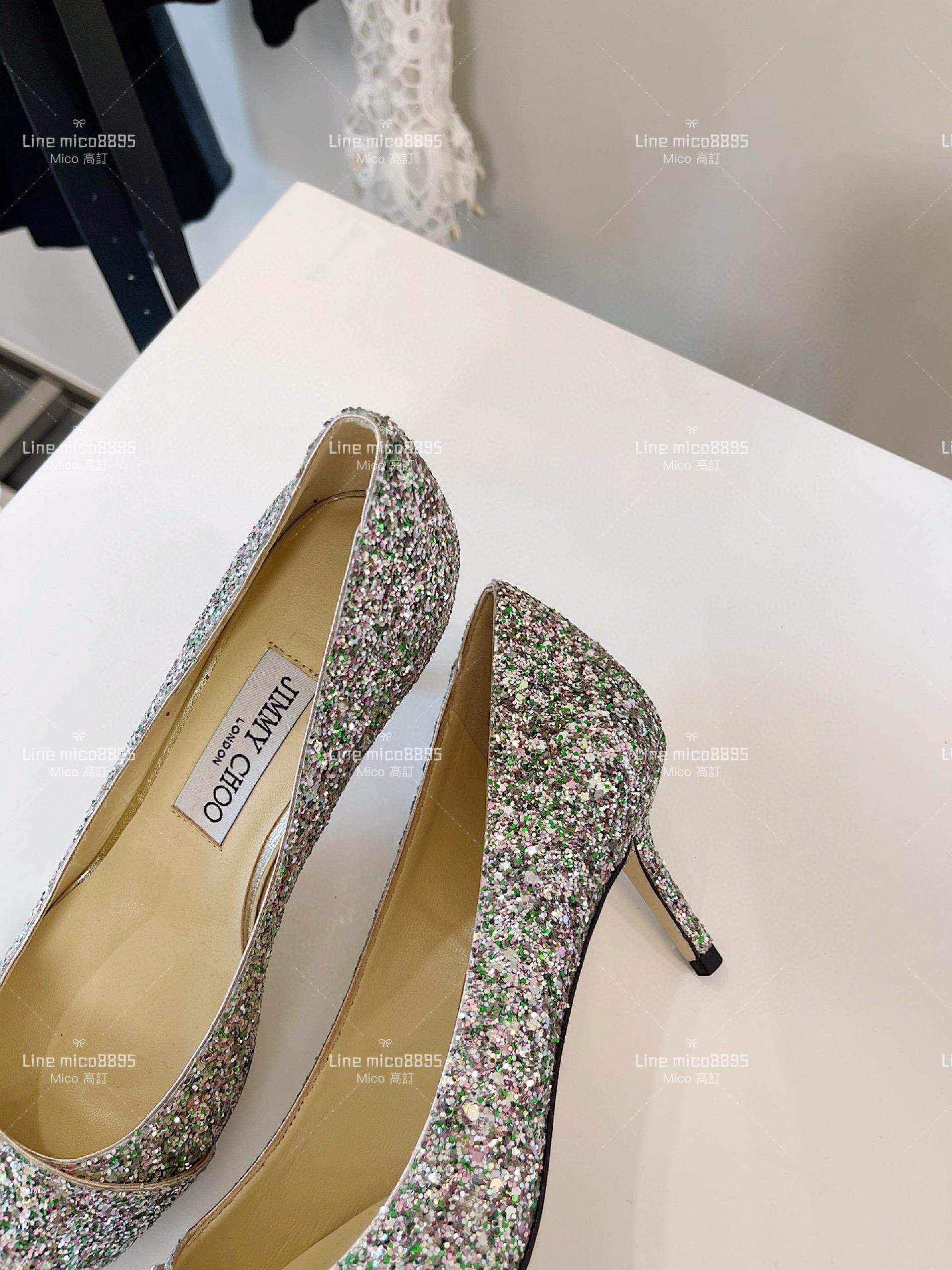 JIMMY CHOO 小尖頭 銀色亮片C釦水鑽高跟鞋 6.5cm 35-40