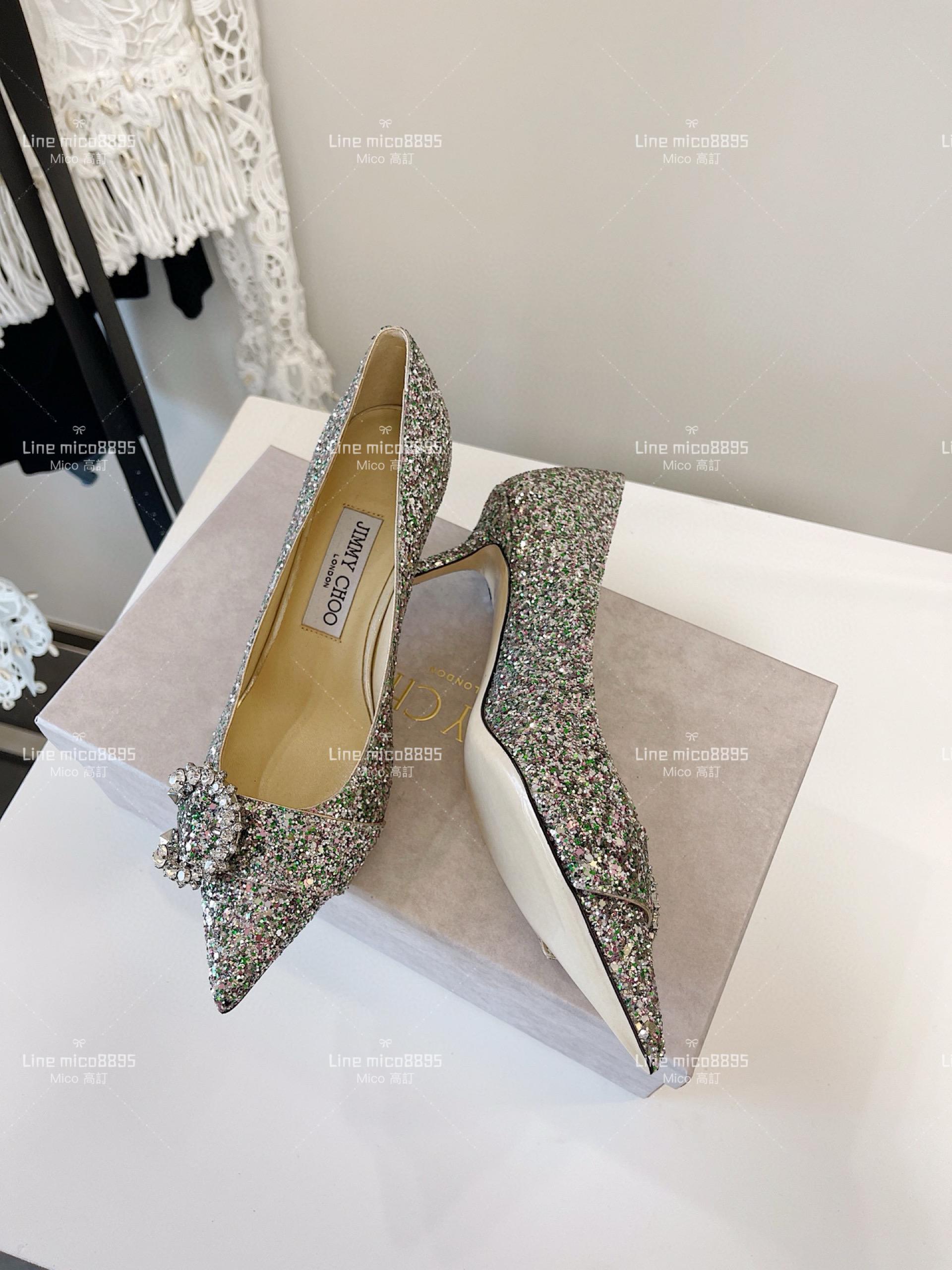 JIMMY CHOO 小尖頭 銀色亮片C釦水鑽高跟鞋 6.5cm 35-40