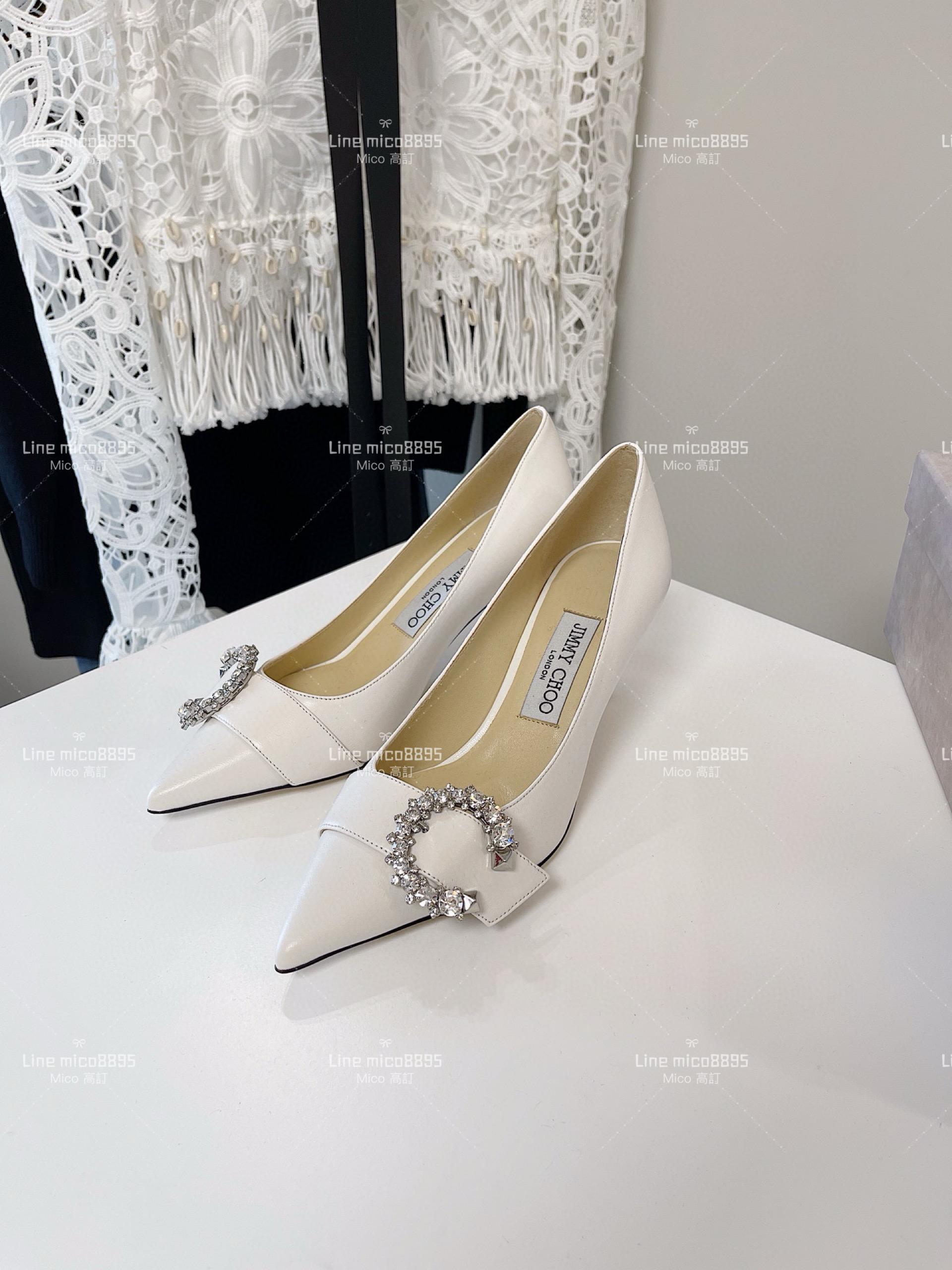 JIMMY CHOO 小尖頭 白色皮面 C釦水鑽高跟鞋 6.5cm 35-40