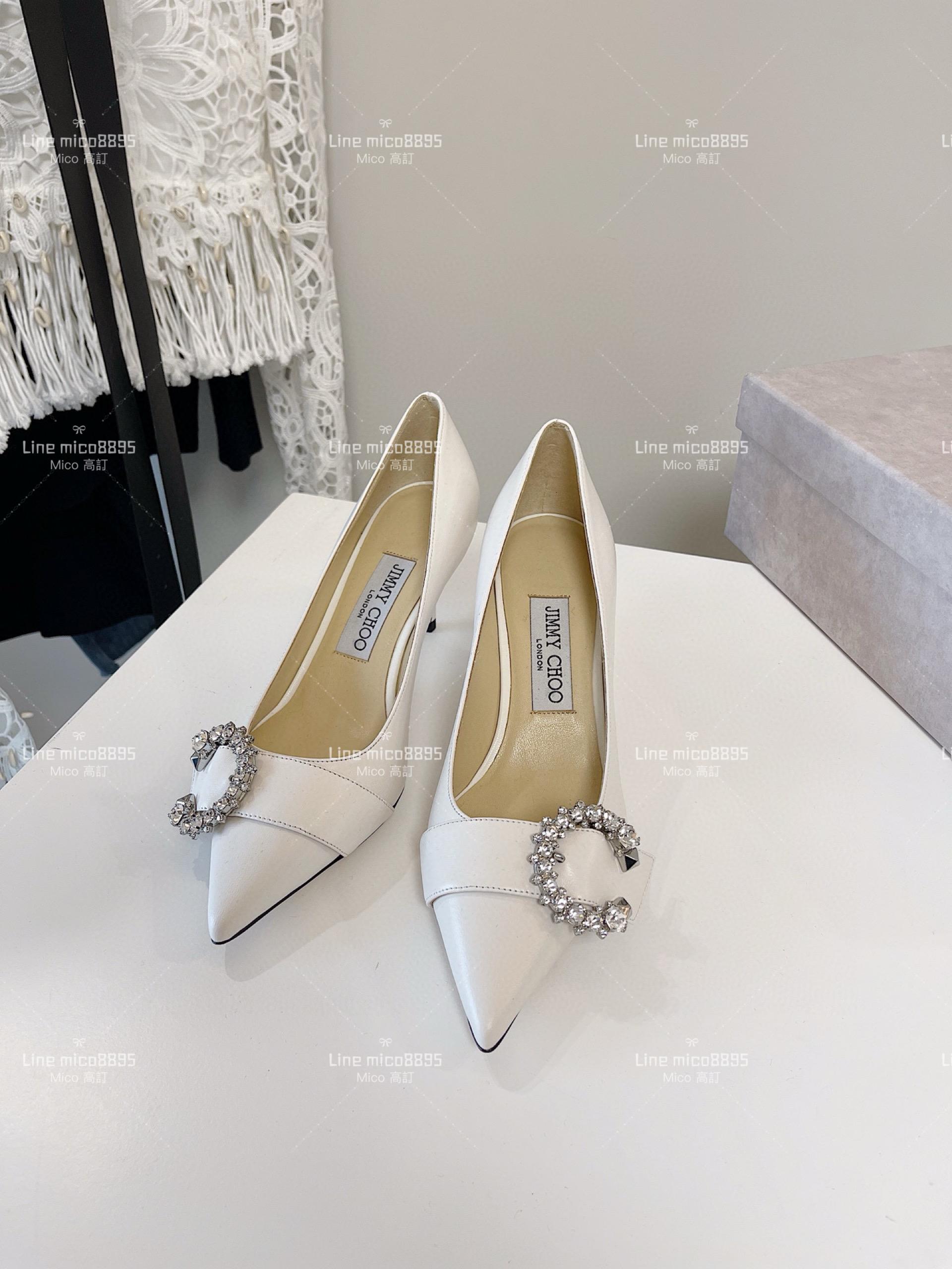 JIMMY CHOO 小尖頭 白色皮面 C釦水鑽高跟鞋 6.5cm 35-40