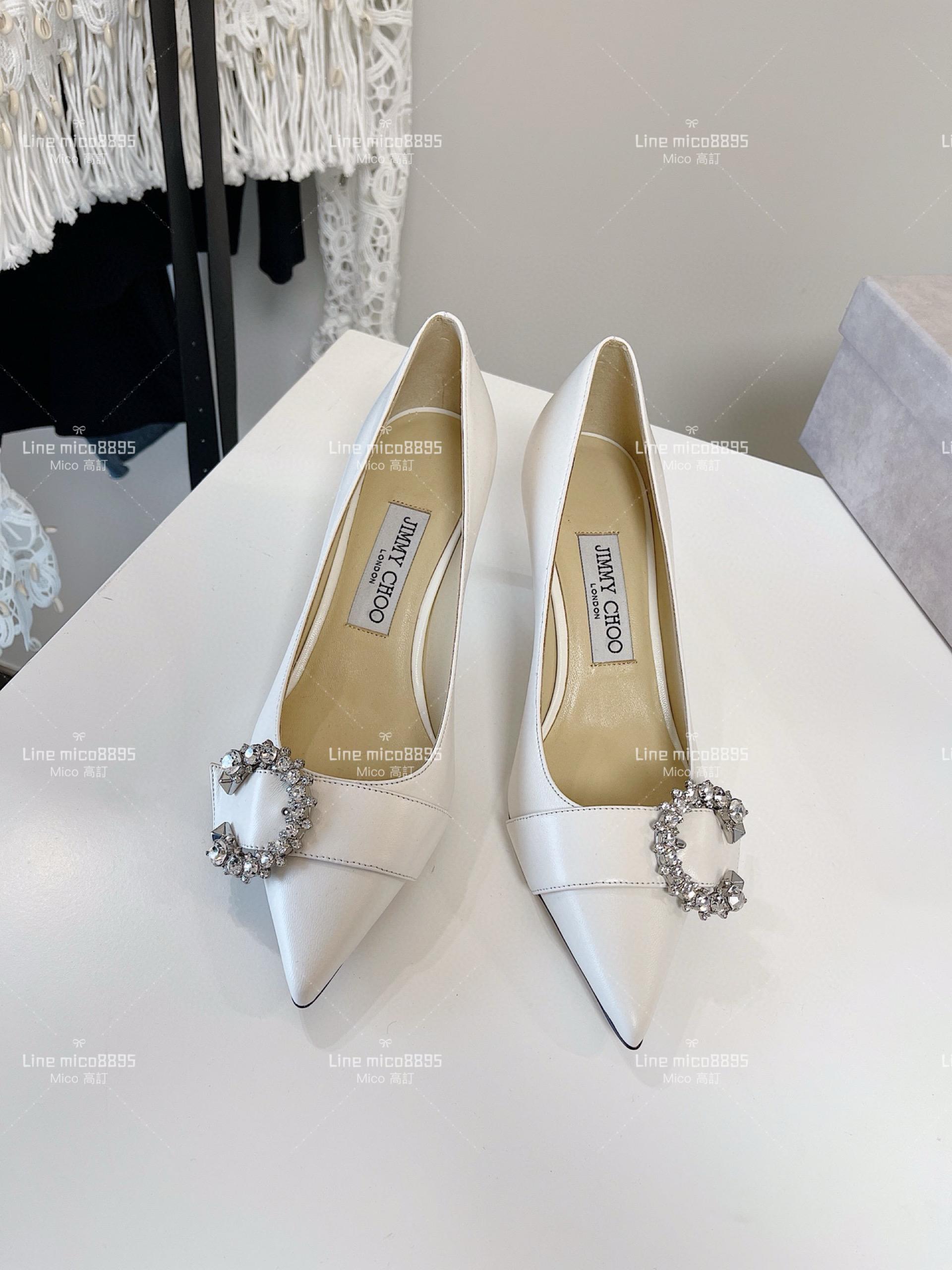 JIMMY CHOO 小尖頭 白色皮面 C釦水鑽高跟鞋 6.5cm 35-40