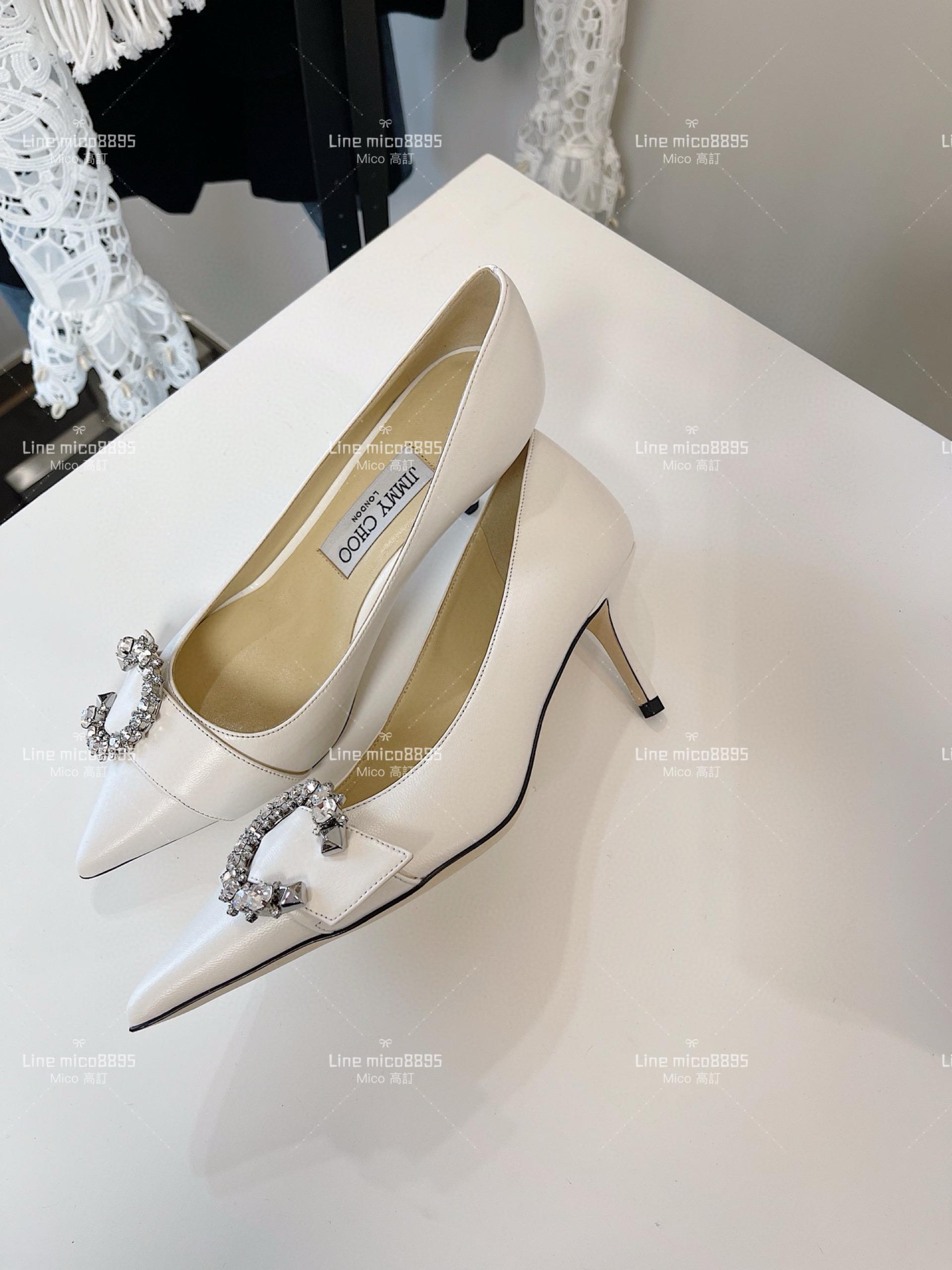 JIMMY CHOO 小尖頭 白色皮面 C釦水鑽高跟鞋 6.5cm 35-40