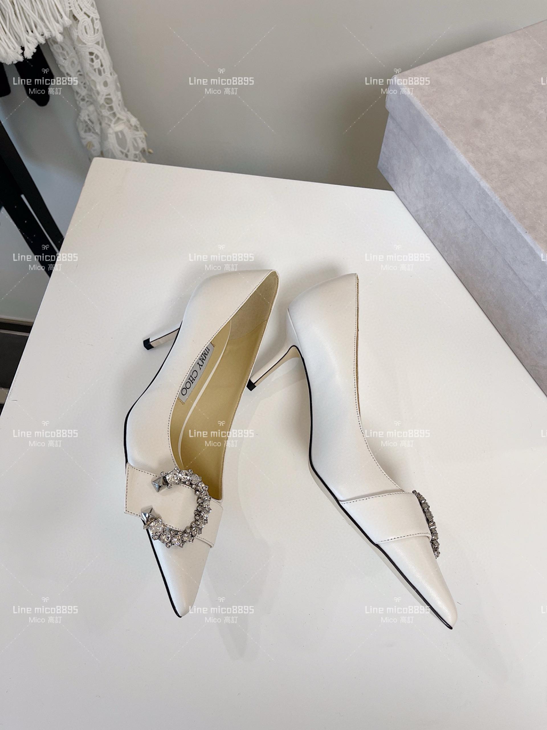 JIMMY CHOO 小尖頭 白色皮面 C釦水鑽高跟鞋 6.5cm 35-40