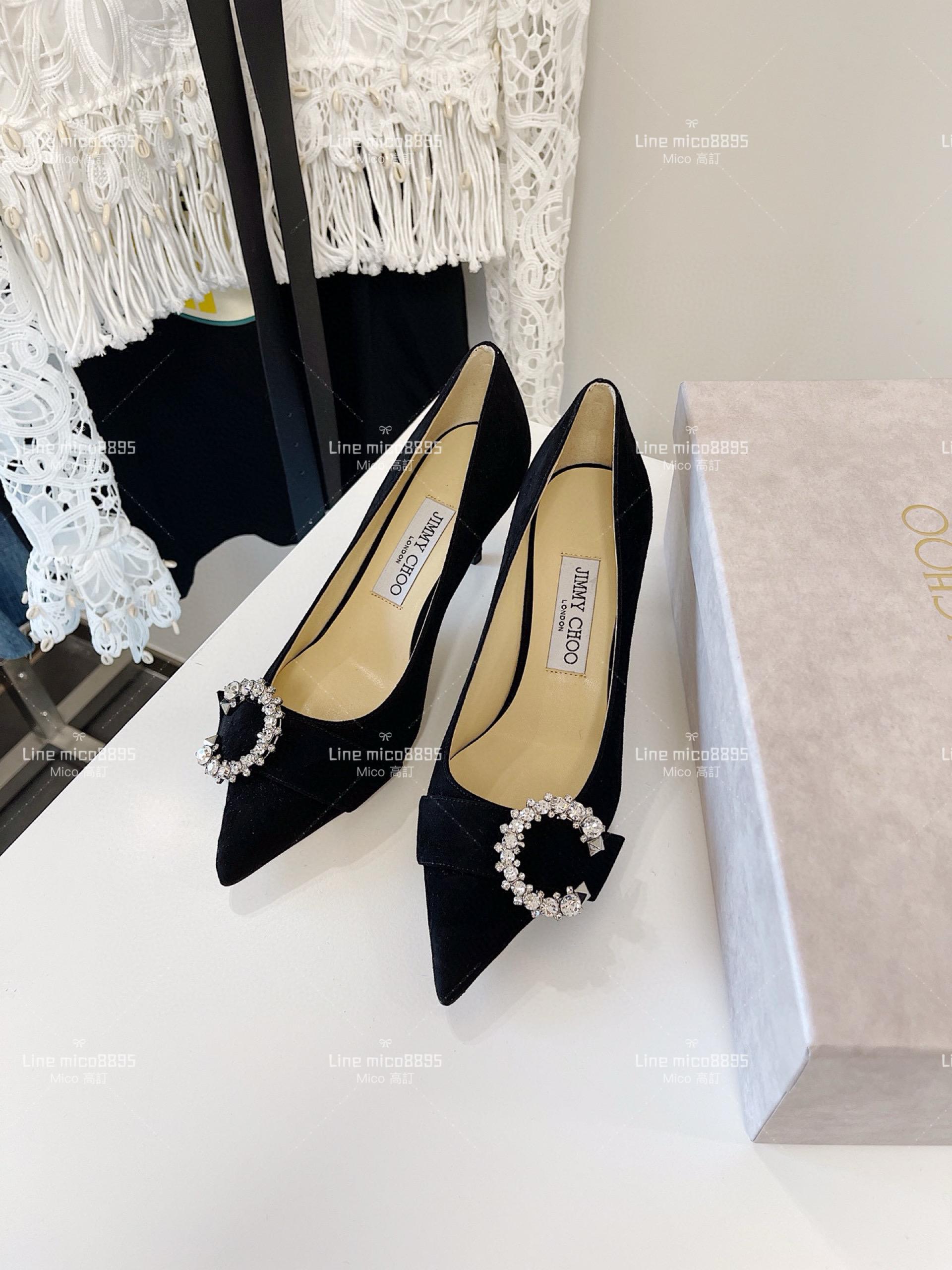 JIMMY CHOO 小尖頭 黑色絨面 C釦水鑽高跟鞋 6.5cm 35-40