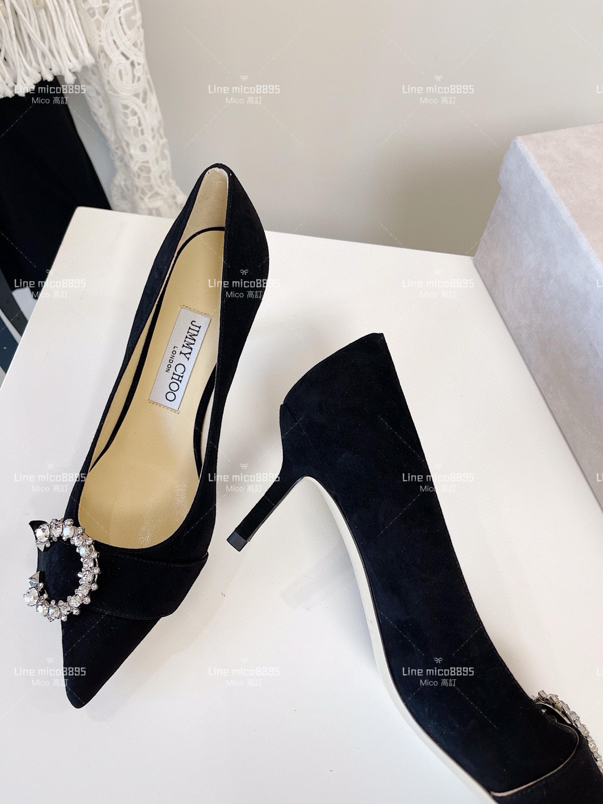 JIMMY CHOO 小尖頭 黑色絨面 C釦水鑽高跟鞋 6.5cm 35-40