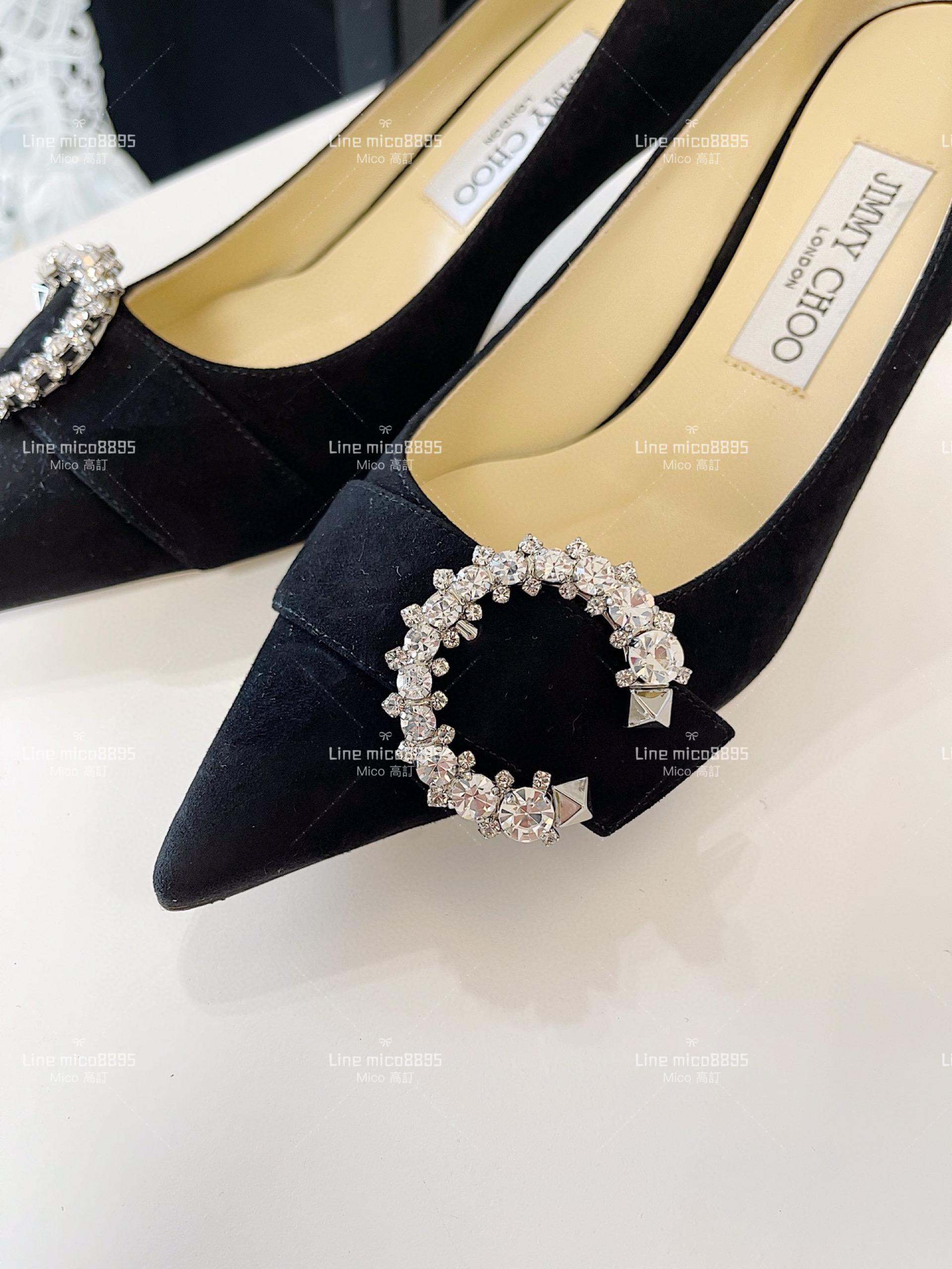 JIMMY CHOO 小尖頭 黑色絨面 C釦水鑽高跟鞋 6.5cm 35-40