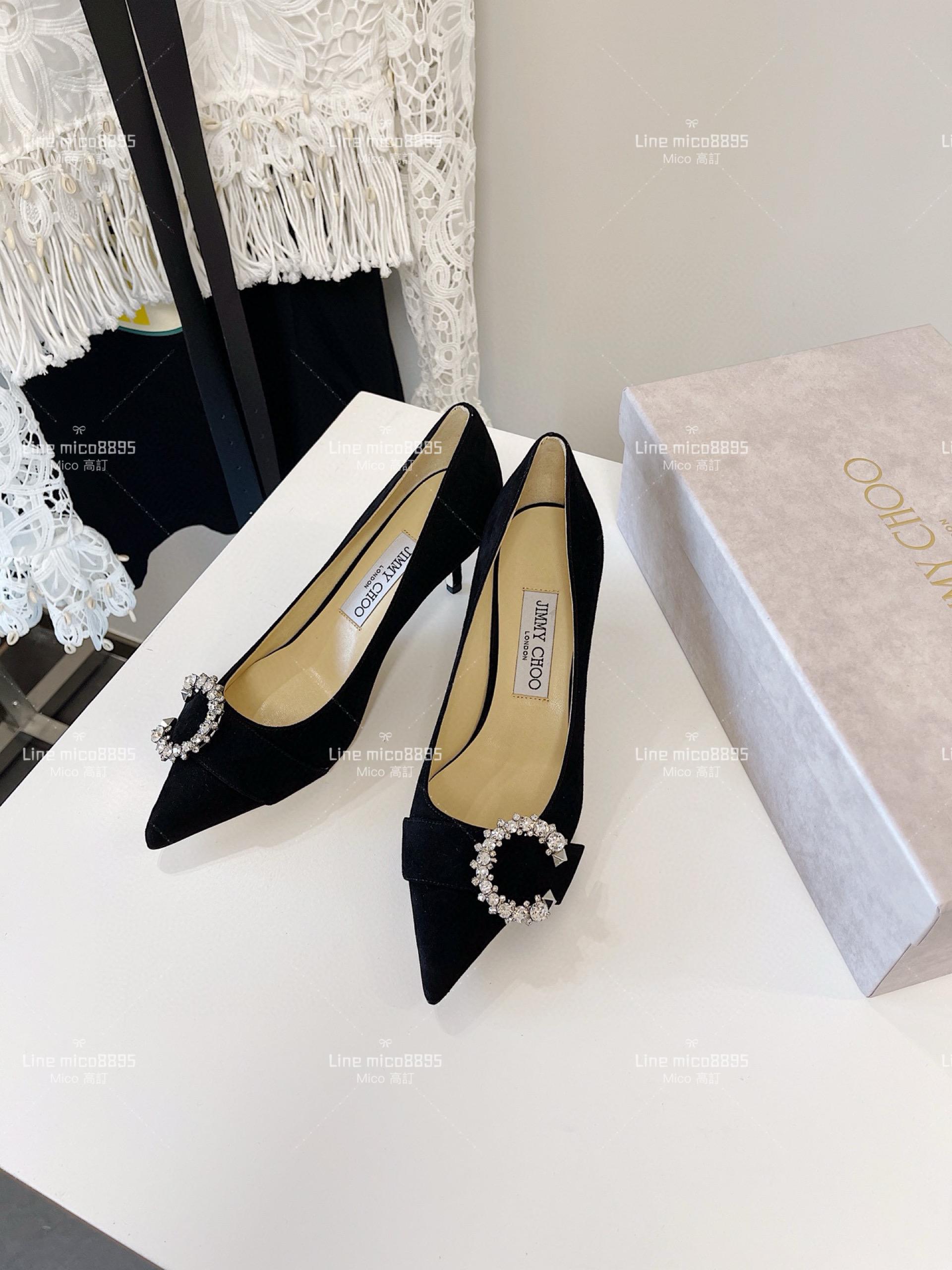 JIMMY CHOO 小尖頭 黑色絨面 C釦水鑽高跟鞋 6.5cm 35-40