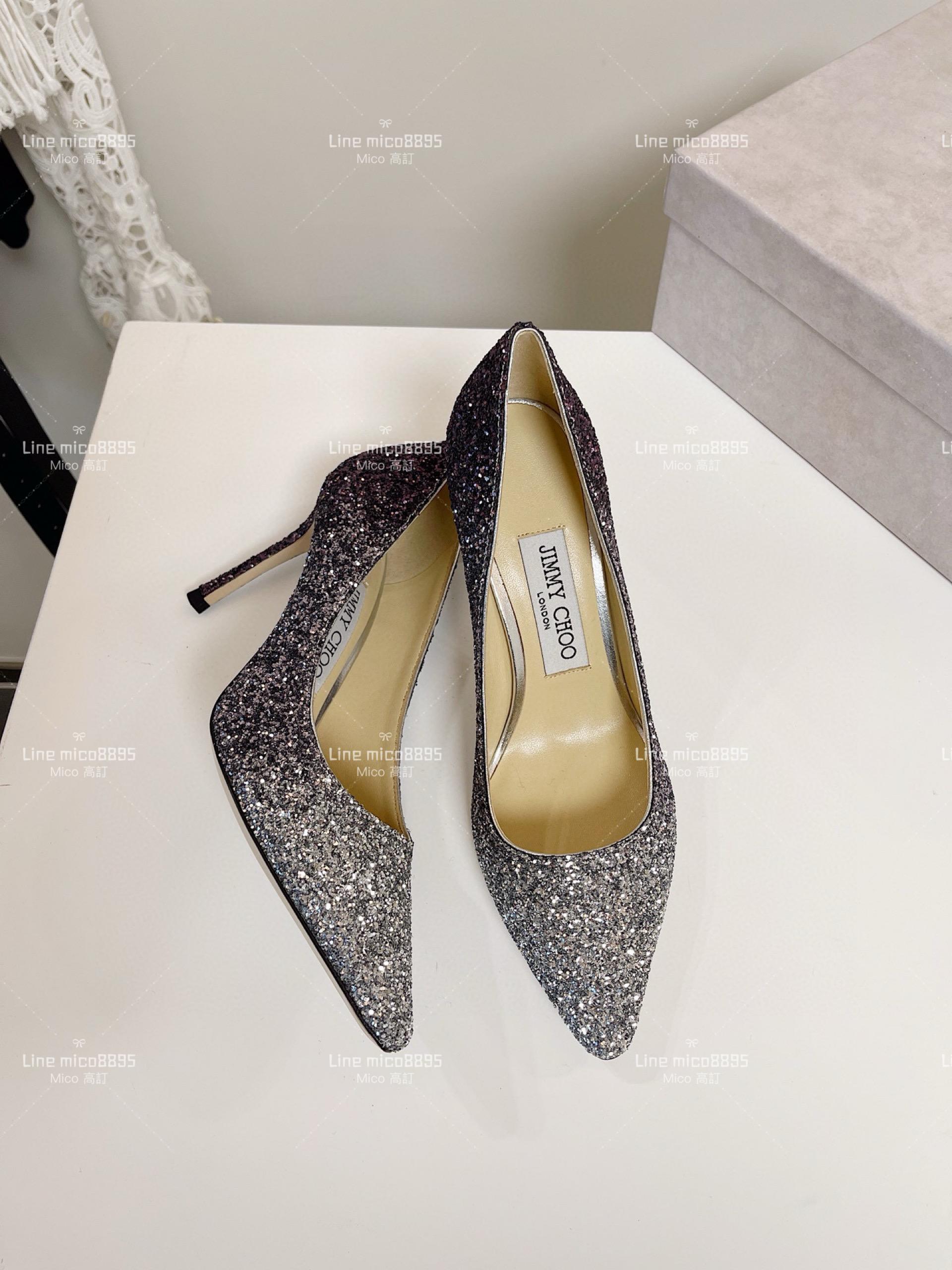 JIMMY CHOO 經典Romy系列 漸變黑 亮片高跟鞋 8.5cm 34-40