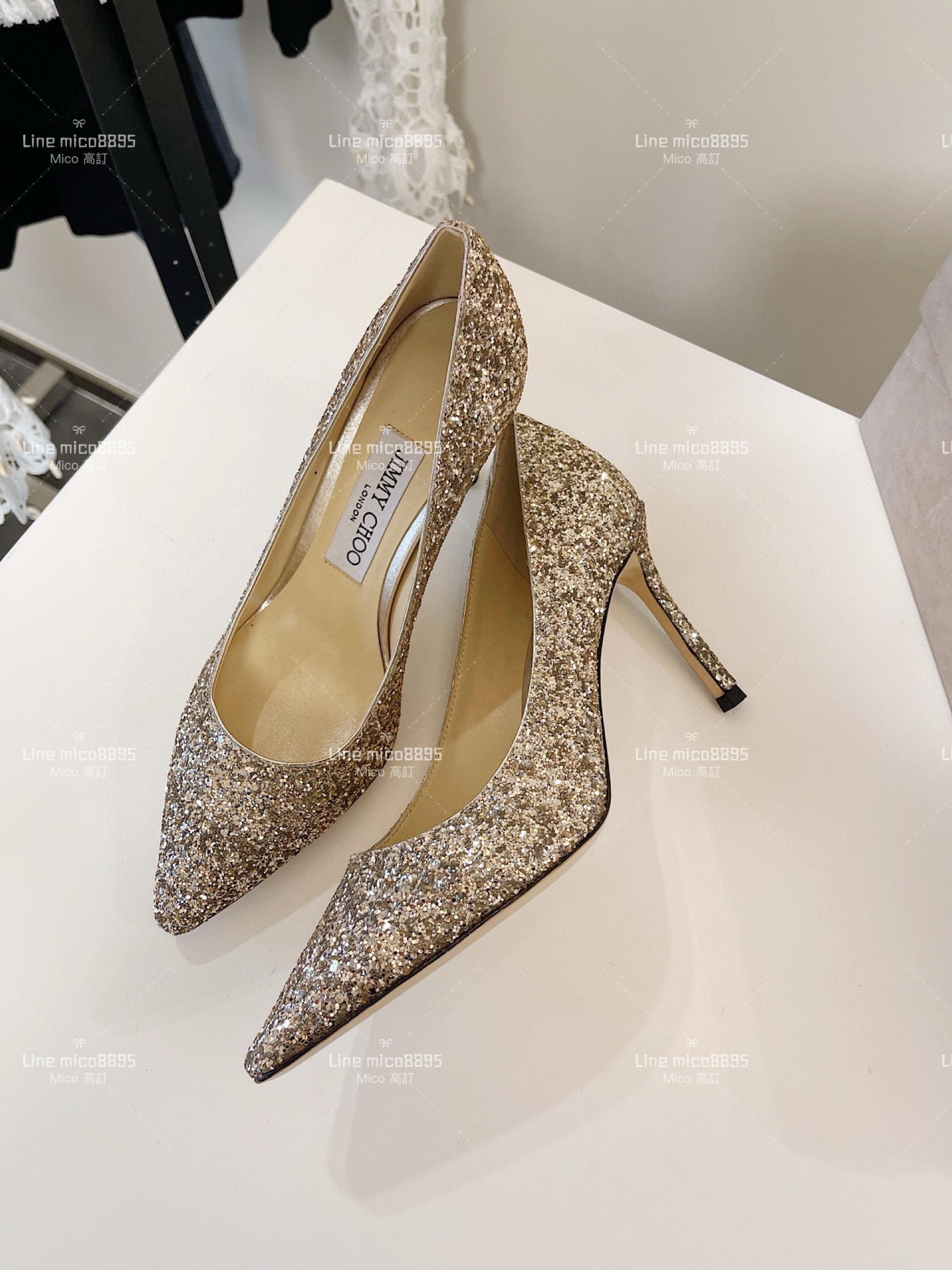 JIMMY CHOO 經典Romy系列 金色亮片高跟鞋 8.5cm 34-40