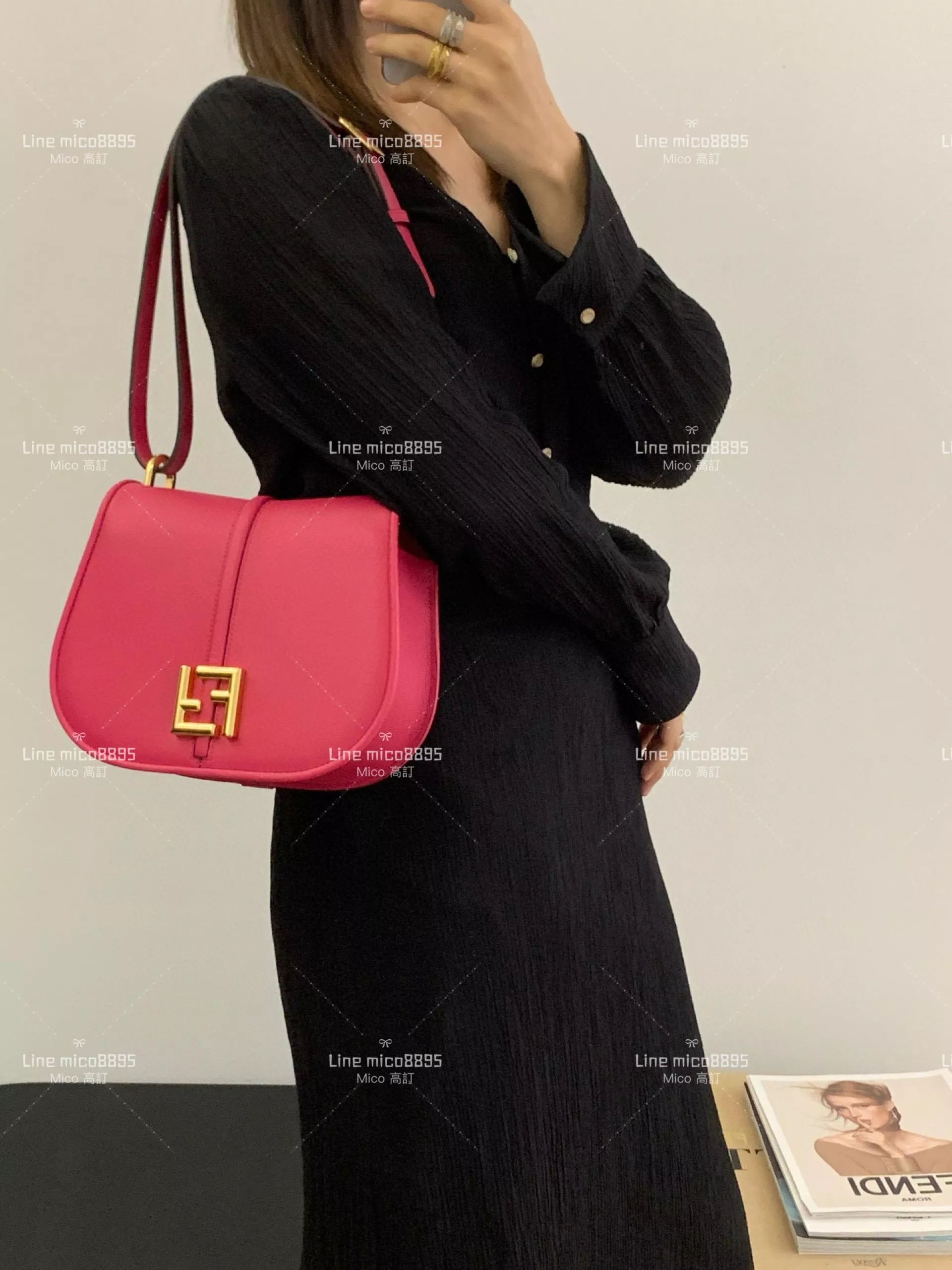 Fendi 中號/玫紅色 C'mon復古馬鞍包 Cmon馬提包 肩帶可以斜背、手挎、腋下 25cm
