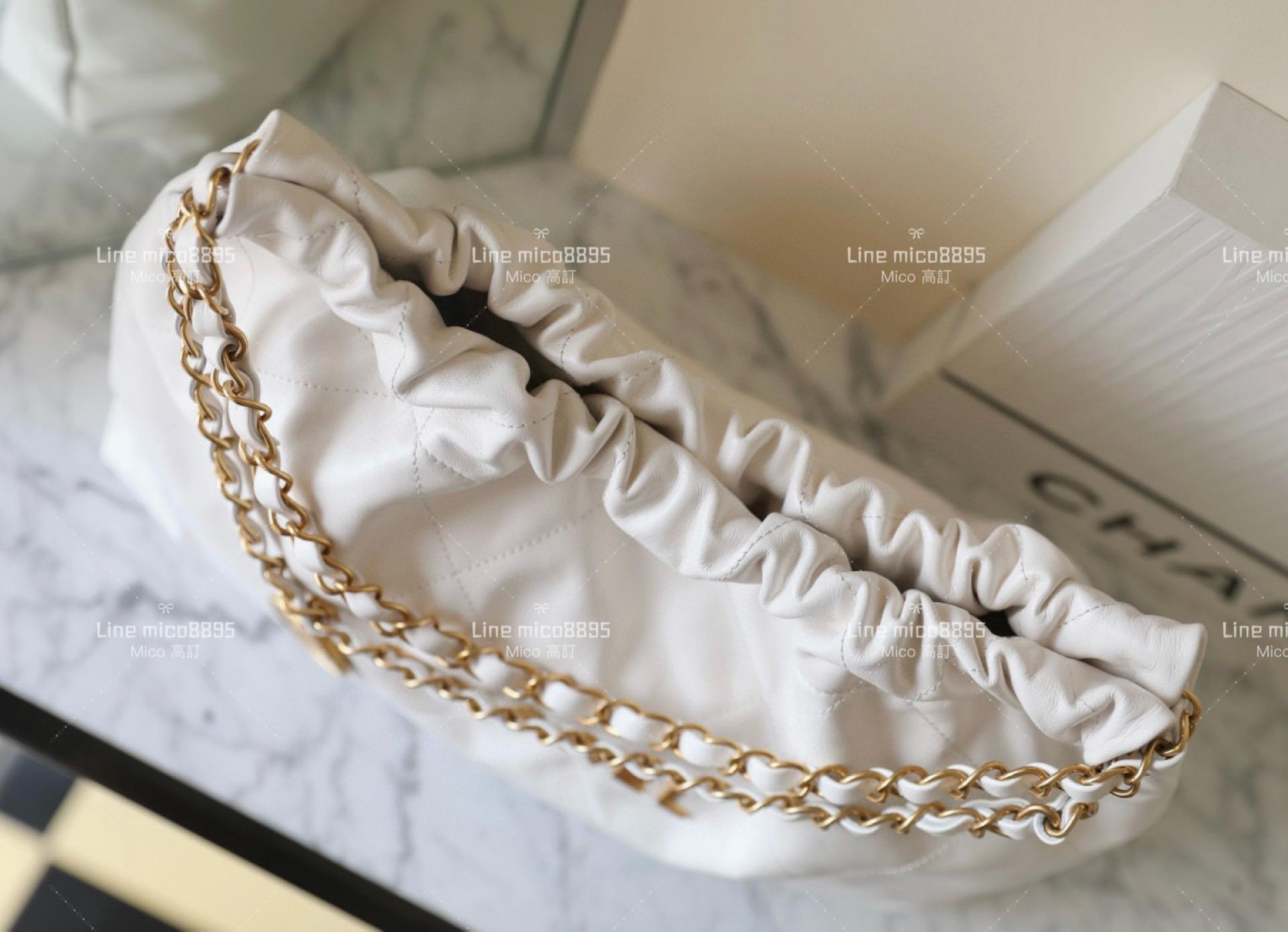 CHANEL 新款22Bag 橫款22包 白色/金釦 牛皮 購物包 30*45cm