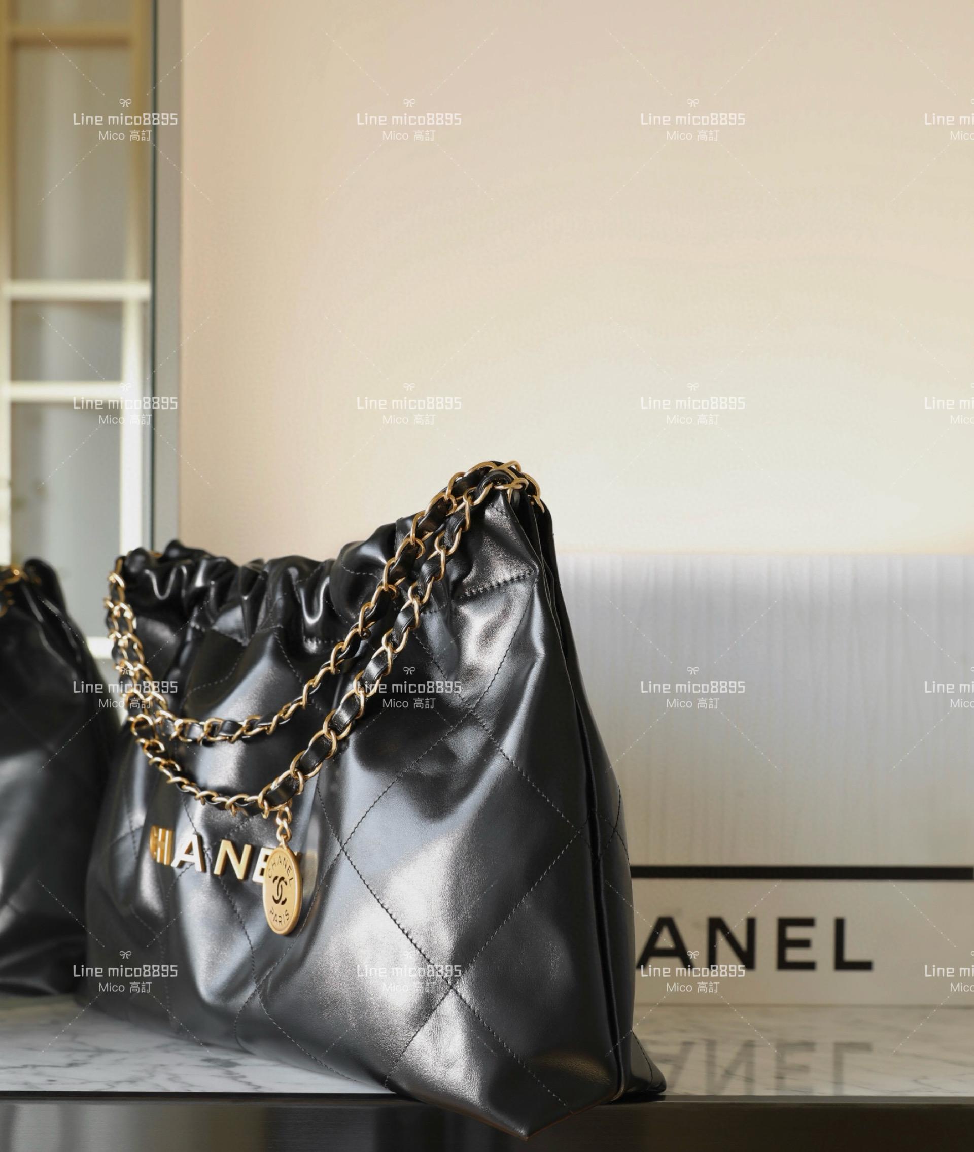 CHANEL 新款22Bag 橫款22包 牛皮黑色/金釦 購物包 30*45cm