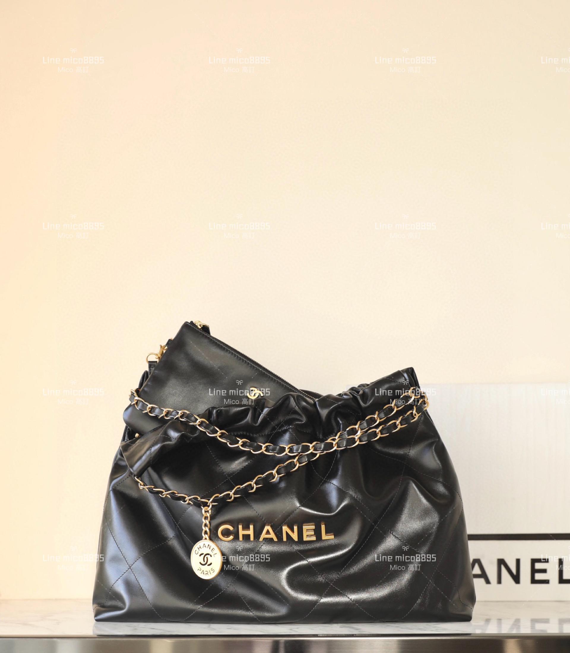 CHANEL 新款22Bag 橫款22包 牛皮黑色/金釦 購物包 30*45cm