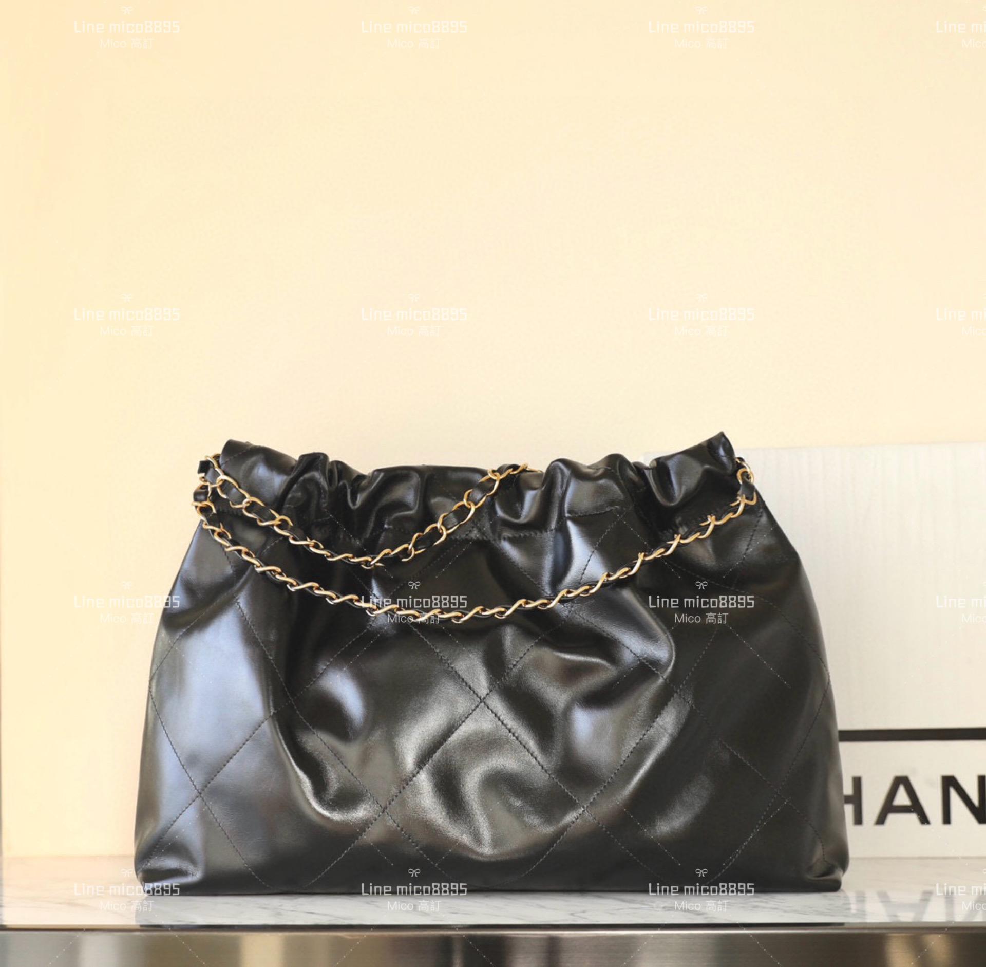 CHANEL 新款22Bag 橫款22包 牛皮黑色/金釦 購物包 30*45cm