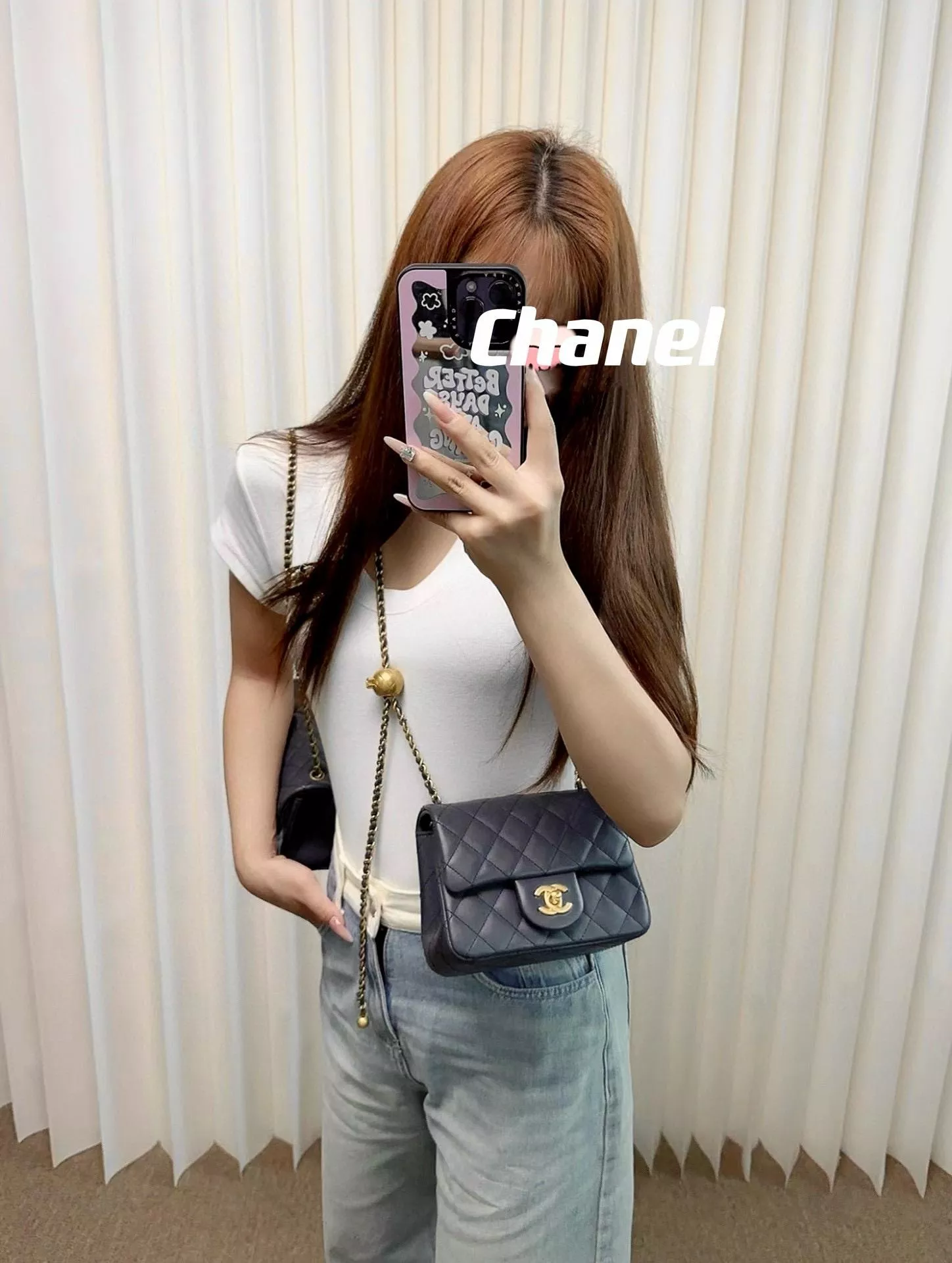 CHANEL 23K 金球系列 季節色 深灰色小羊皮金球調節釦方胖子 CF 18cm