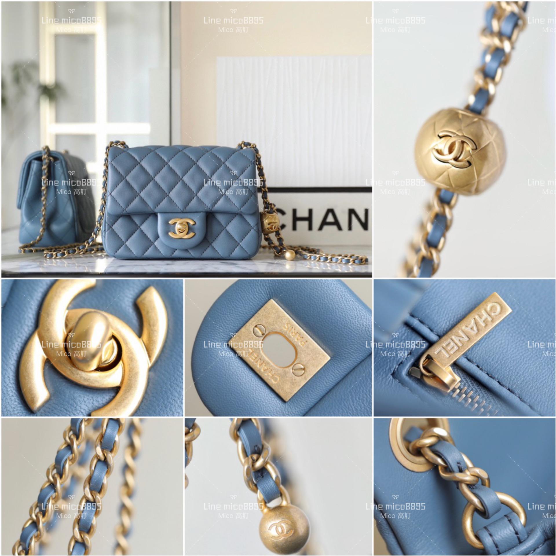 CHANEL 23K 金球系列 季節色 牛仔藍 小羊皮金球調節釦方胖子 CF 18cm