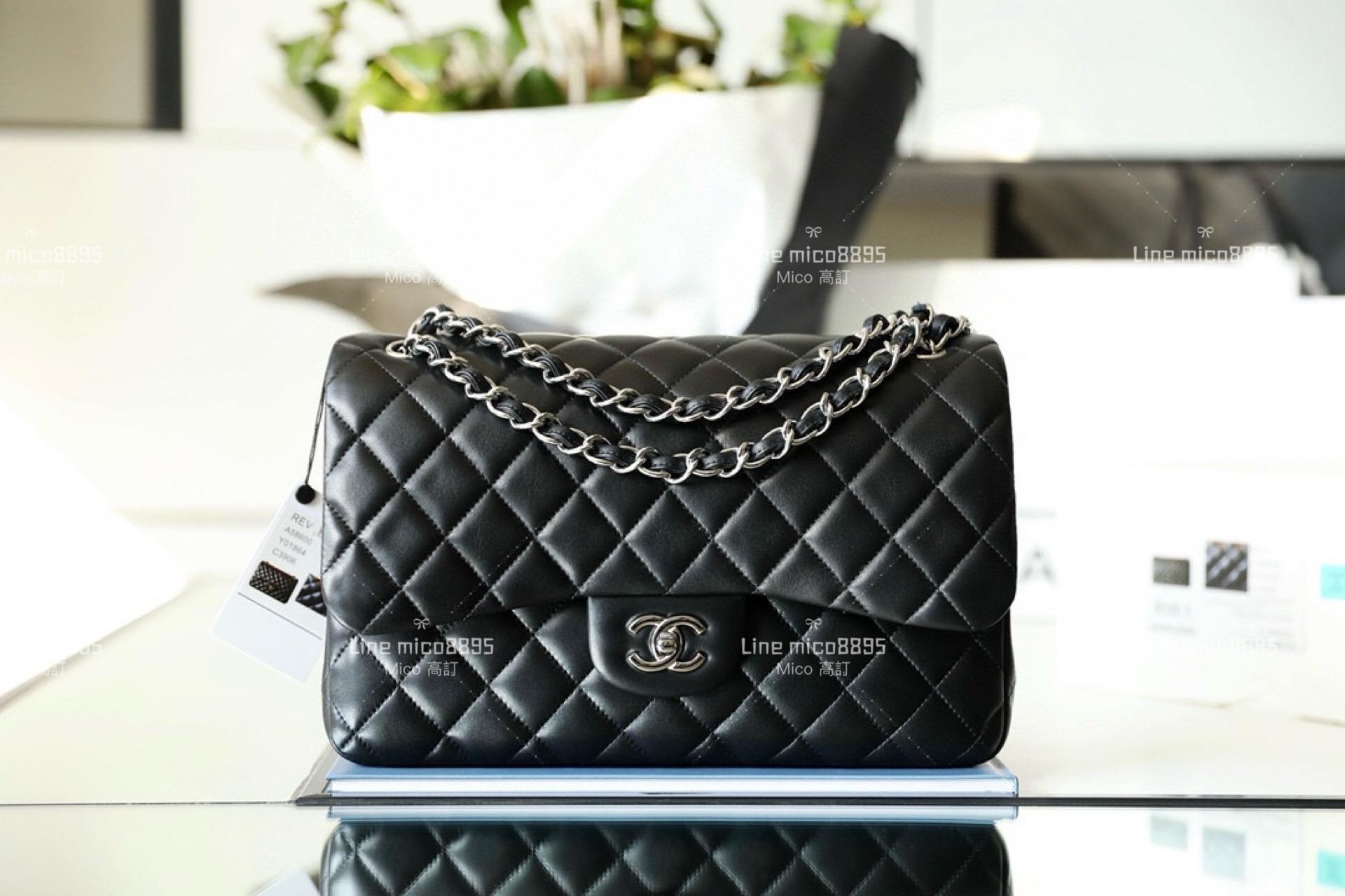 CHANEL Classic Flip Jumbo CF 口蓋包 黑色/羊皮/銀釦 30cm