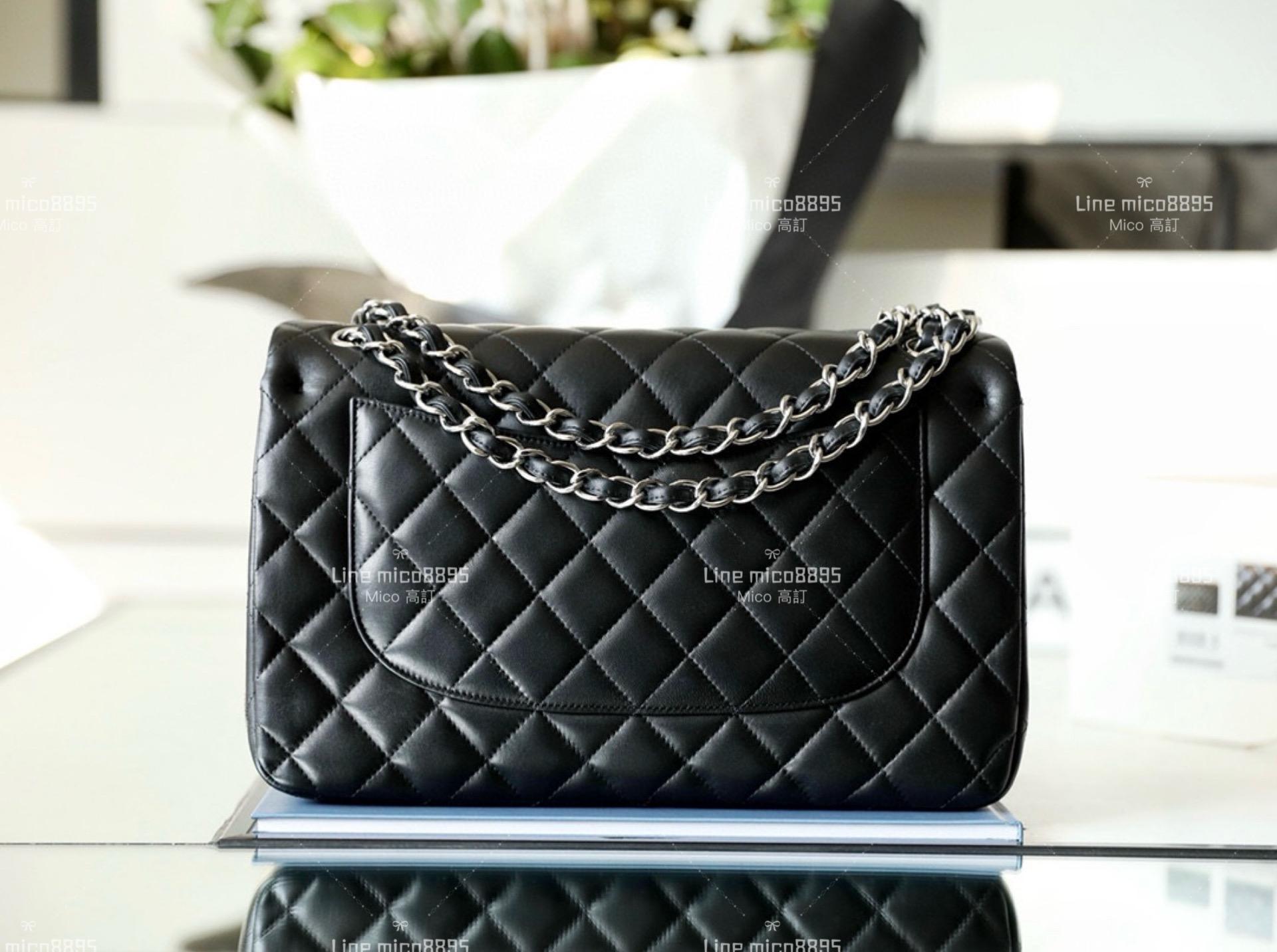 CHANEL Classic Flip Jumbo CF 口蓋包 黑色/羊皮/銀釦 30cm