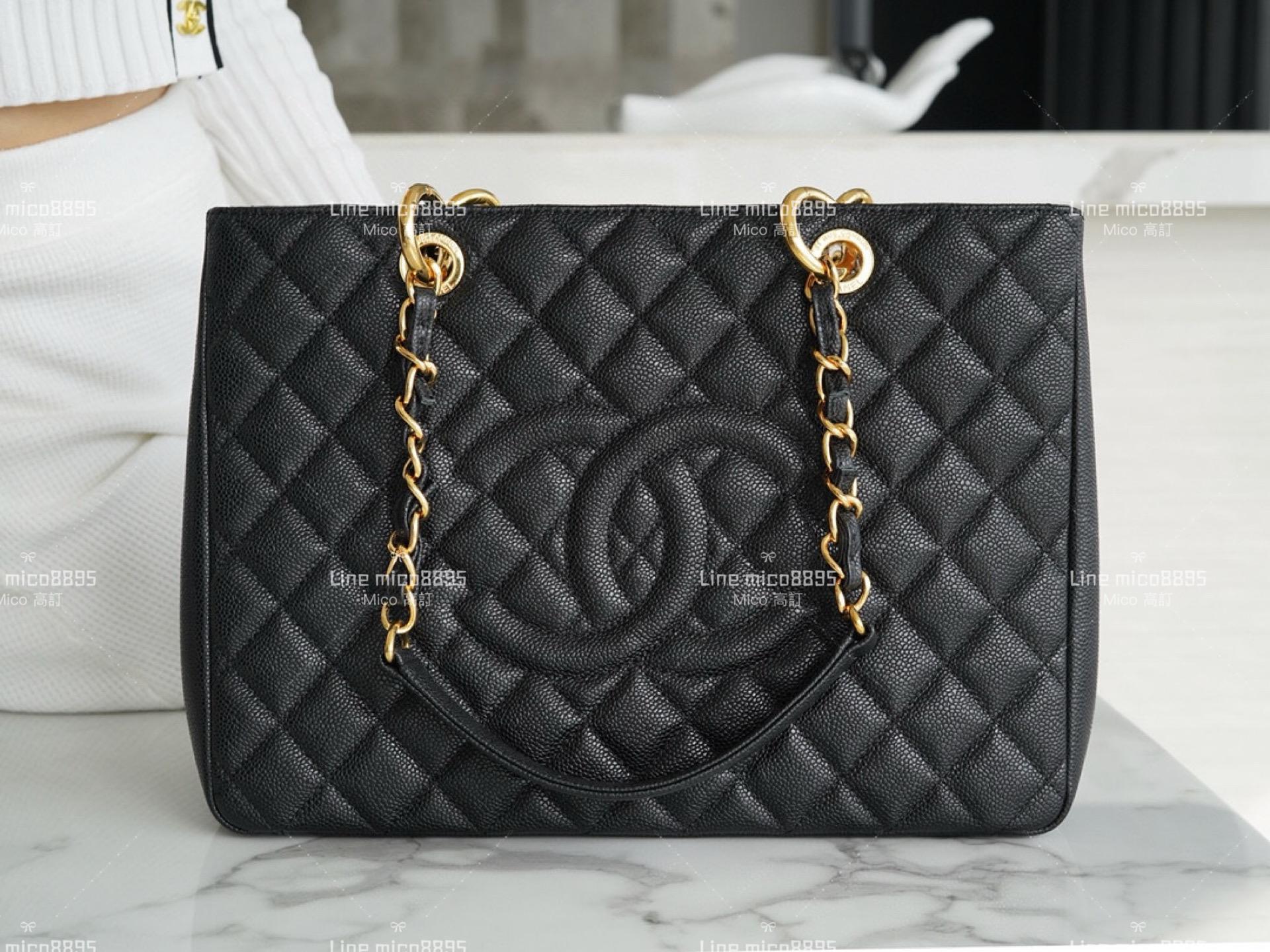 CHANEL中古款 荔枝皮革GTS 黑色購物袋 33cm