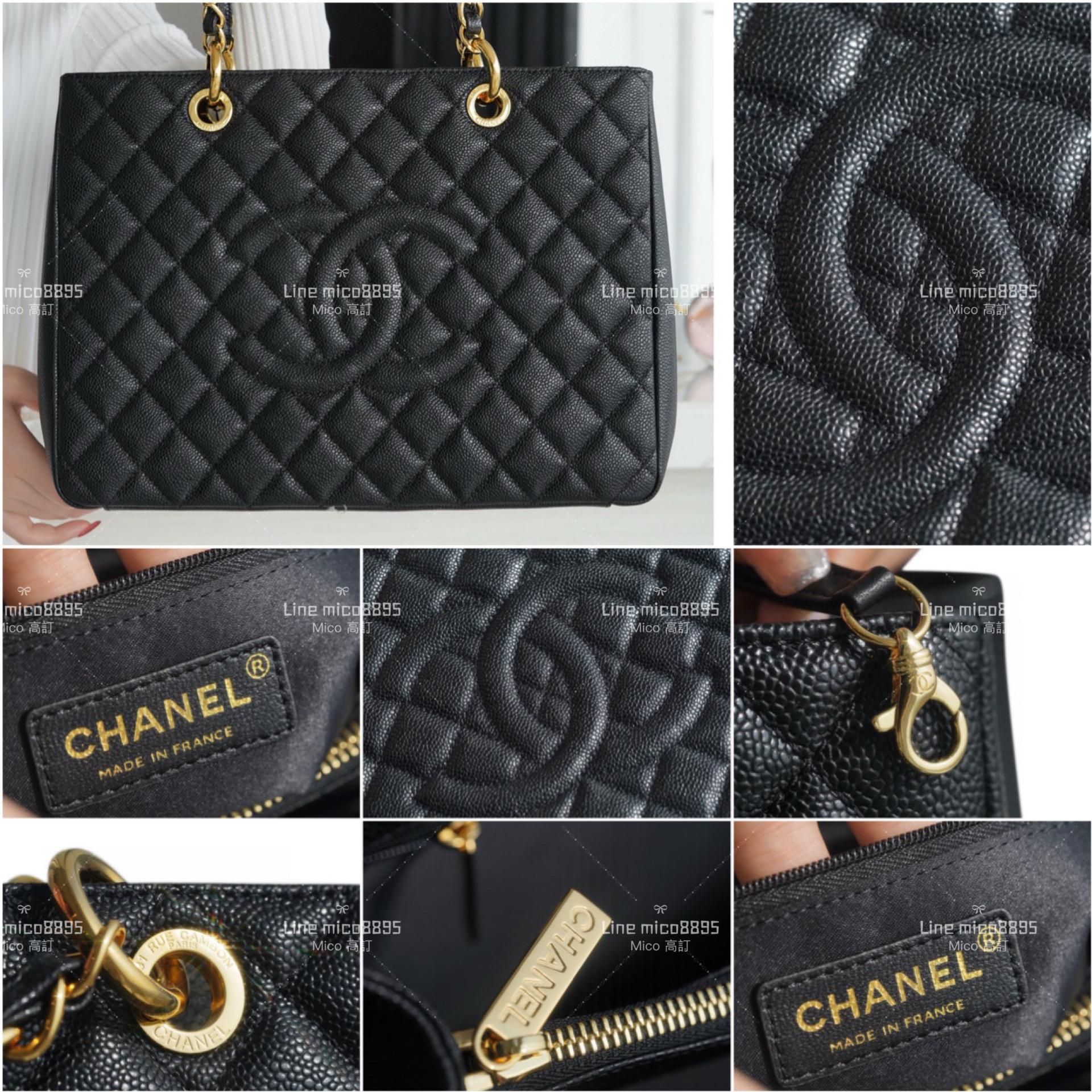 CHANEL中古款 荔枝皮革GTS 黑色購物袋 33cm