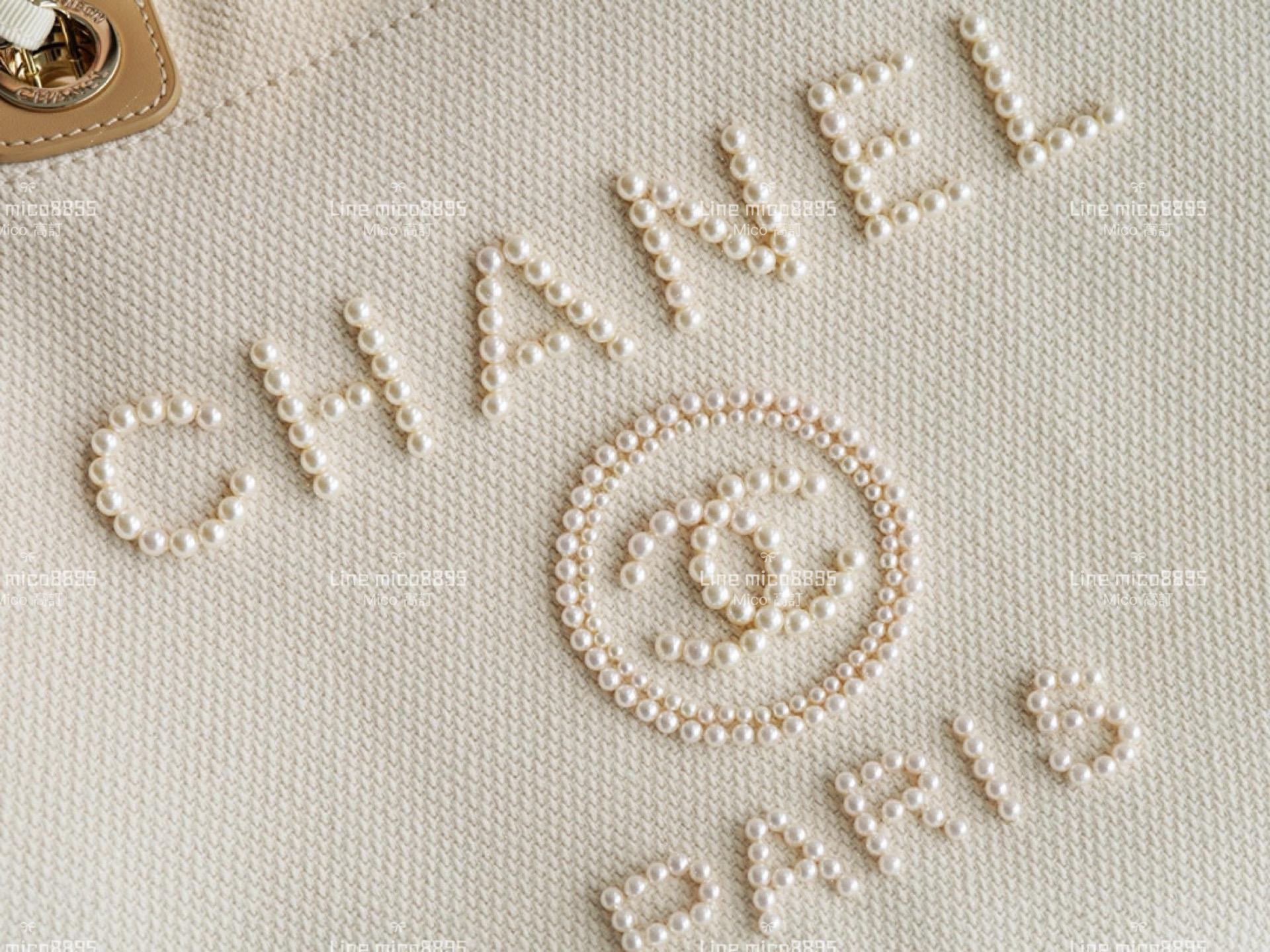 CHANEL 珍珠logo米白色刺繡沙灘包 尺寸：30*39