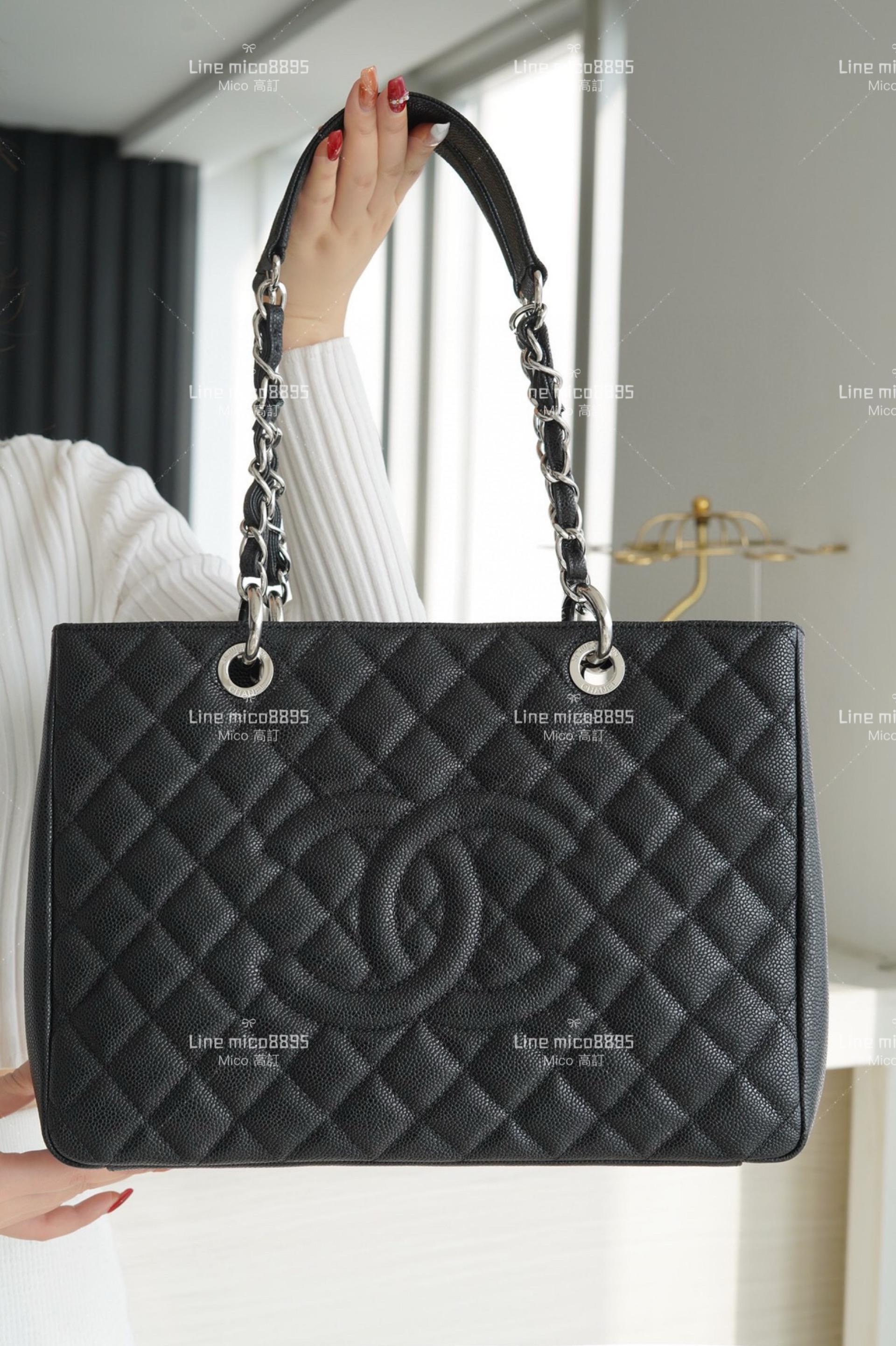 CHANEL中古款 荔枝皮革GTS 黑色購物袋 黑銀 33cm