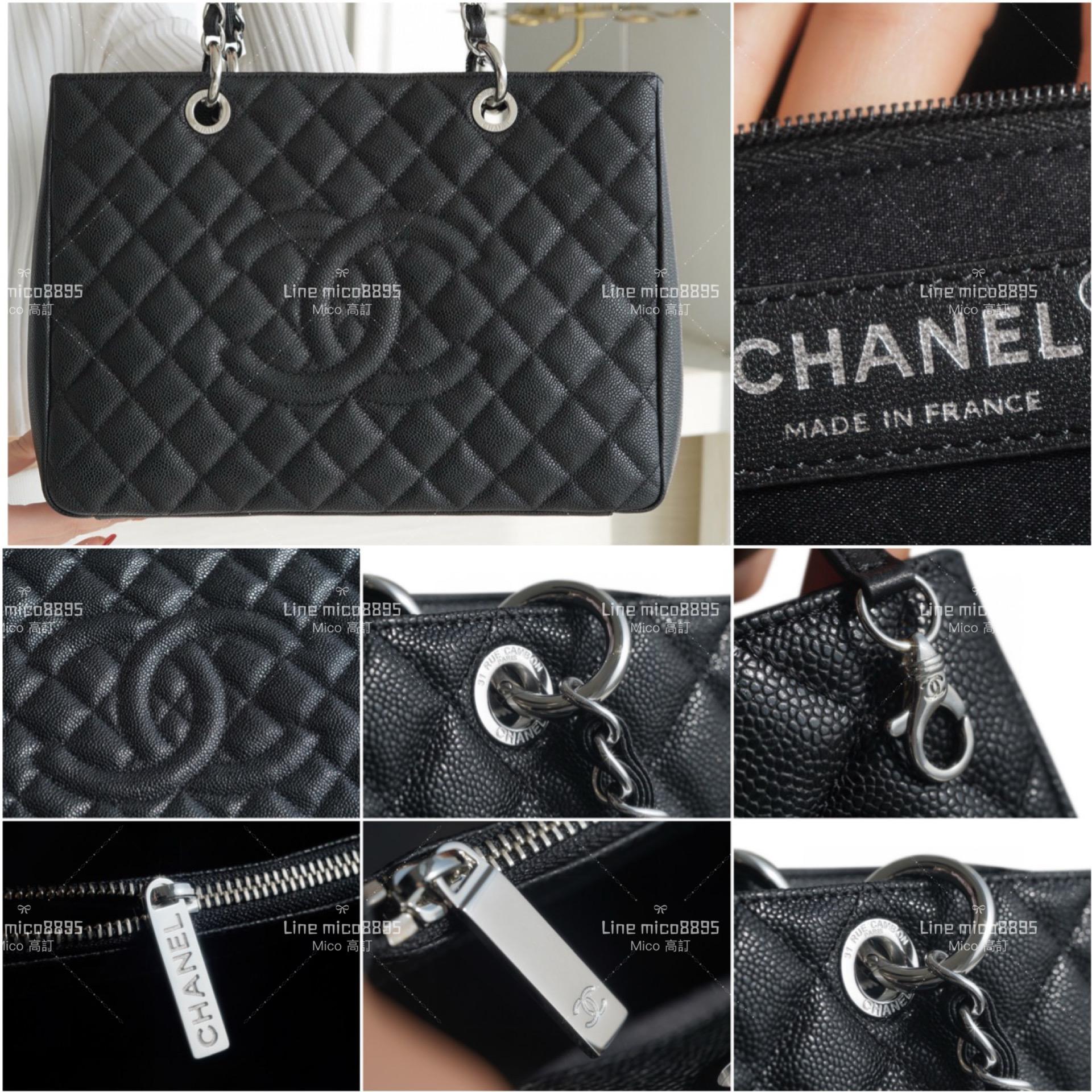 CHANEL中古款 荔枝皮革GTS 黑色購物袋 黑銀 33cm