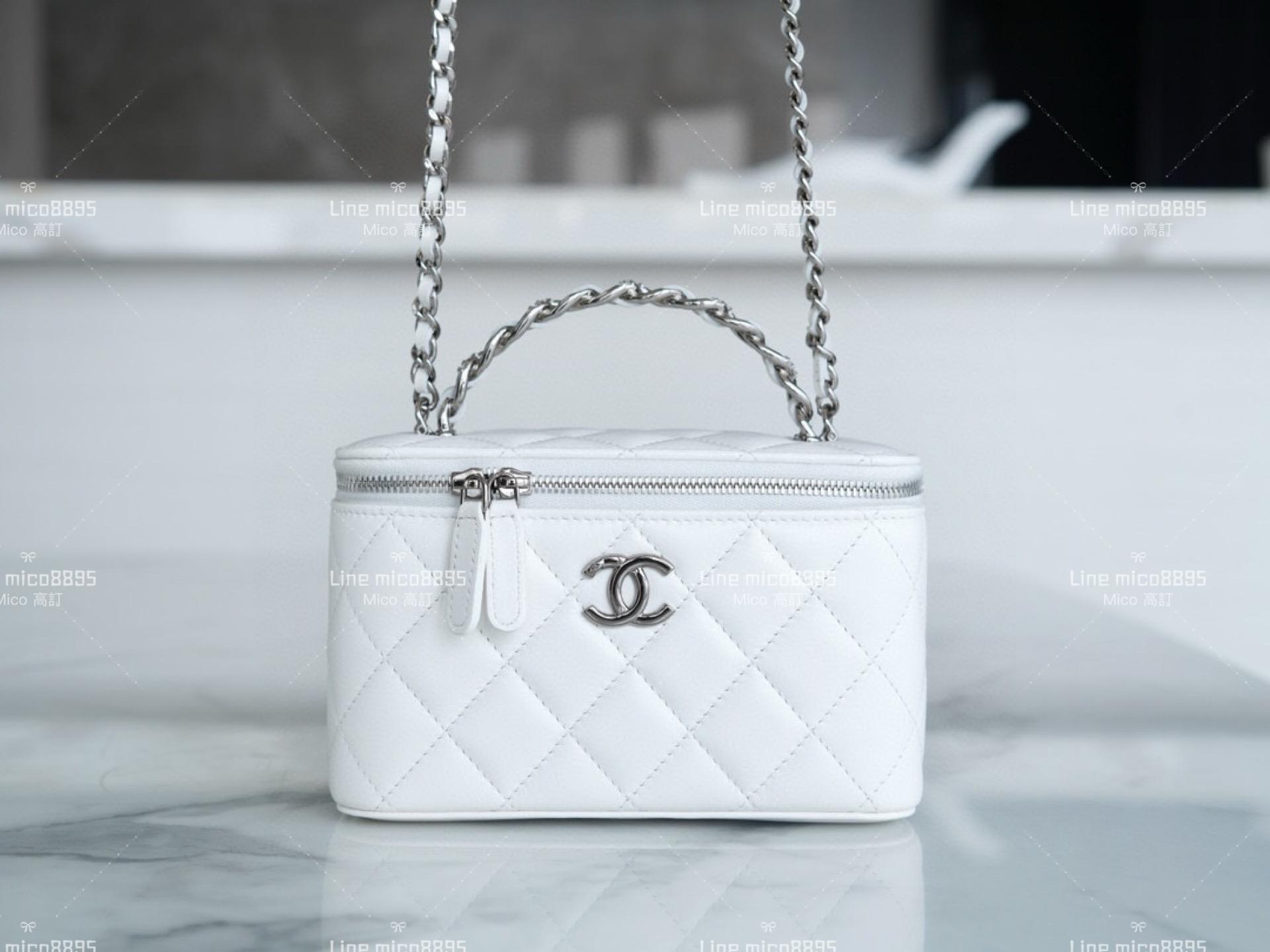 CHANEL 白色/牛皮 水鑽手柄盒子包 17cm