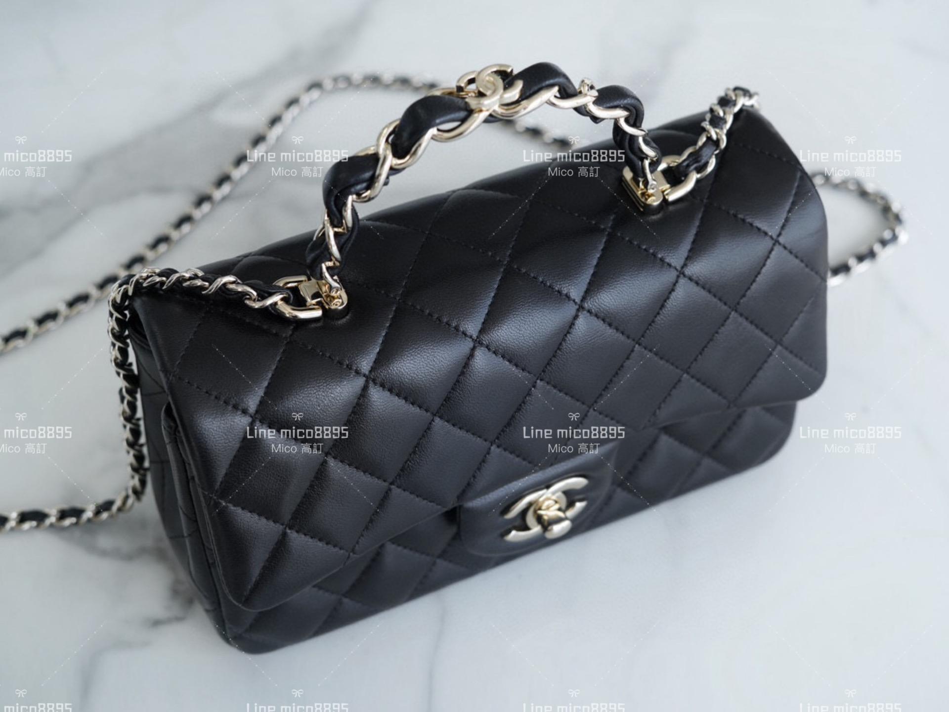 CHANEL 雙C金屬穿皮手柄Handle bag 淡金釦/小羊皮 20cm